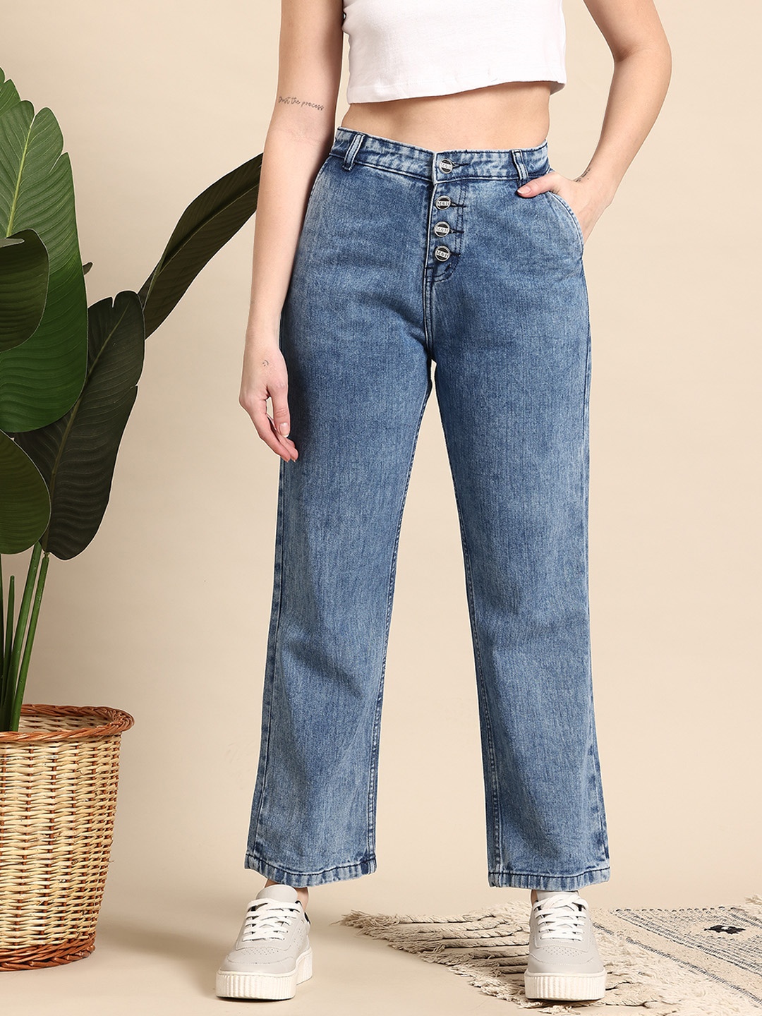 

Mast & Harbour Women Straight Fit High-Rise Light Fade Jeans, Blue