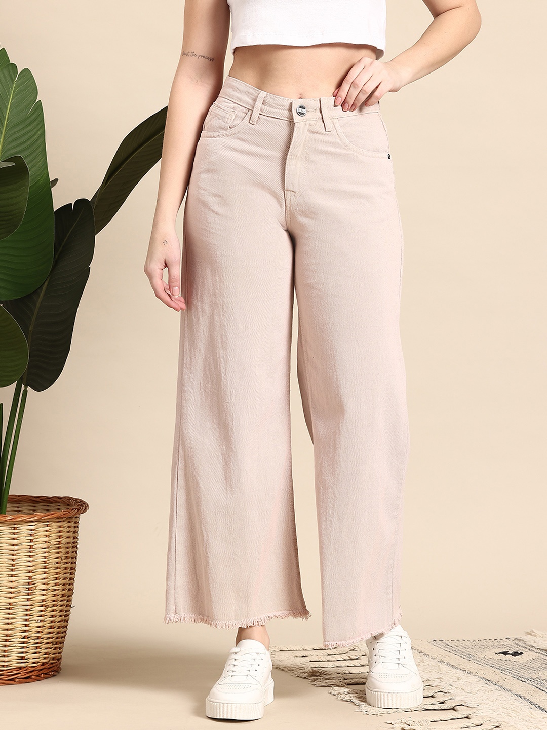 

Mast & Harbour Women Wide Leg High-Rise Jeans, Beige