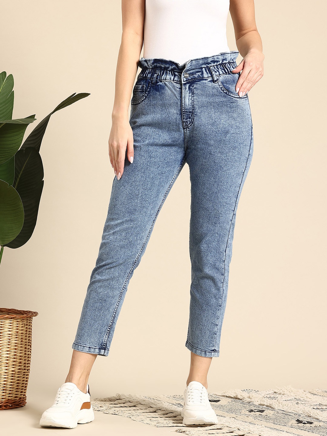 

Mast & Harbour Women High-Rise Cropped Boyfriend Fit Jeans, Navy blue