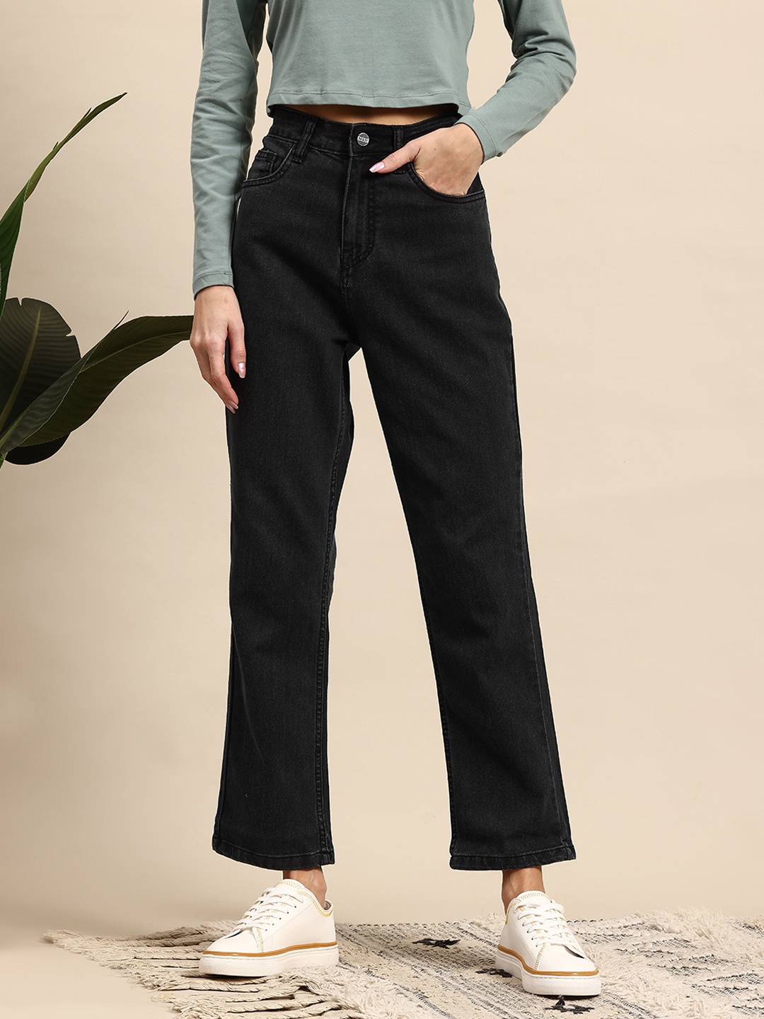 

Mast & Harbour Women Straight Fit High-Rise Stretchable Jeans, Black