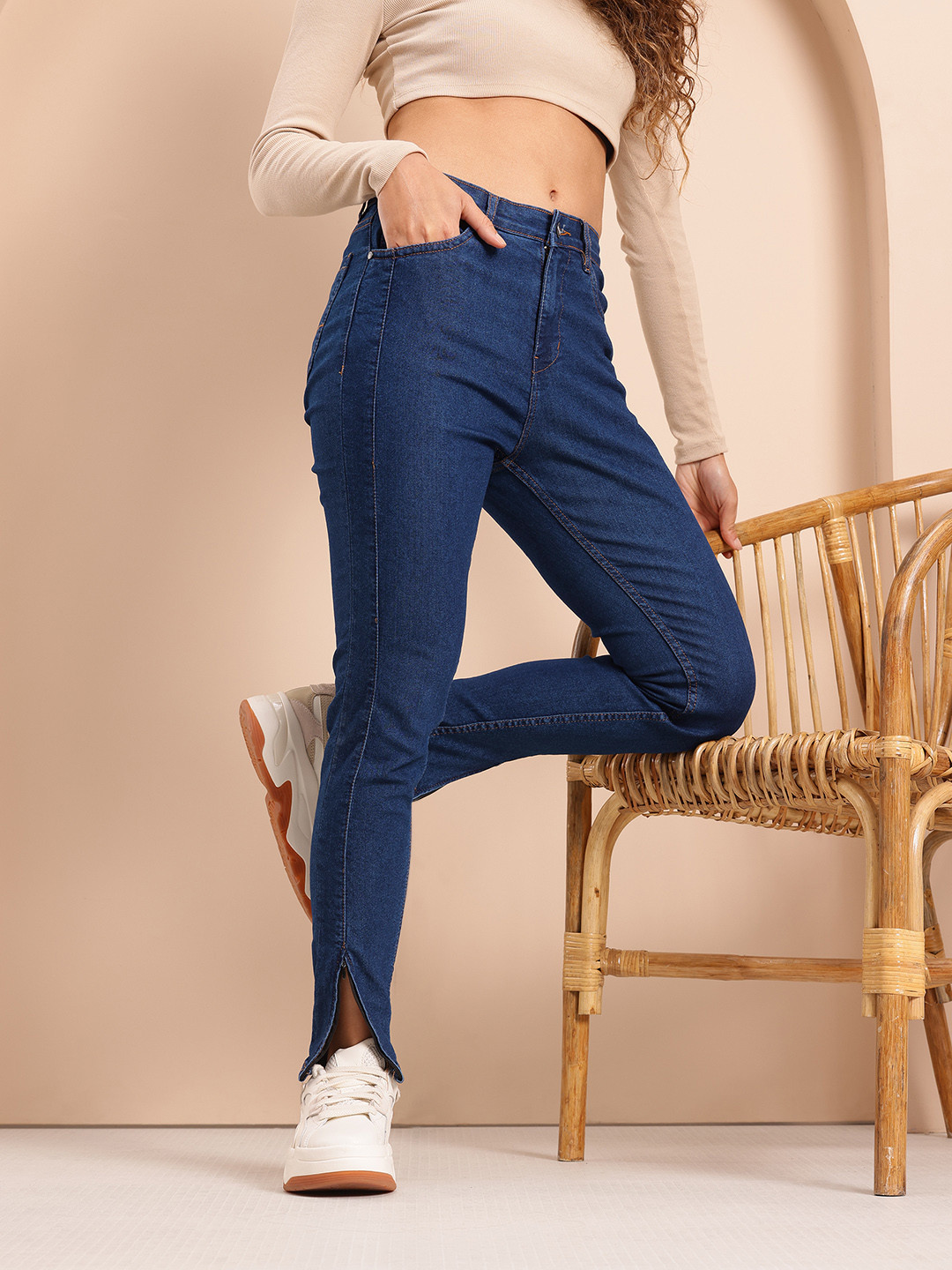 

Mast & Harbour Women Skinny Fit High-Rise Slit Hem Stretchable Jeans, Blue