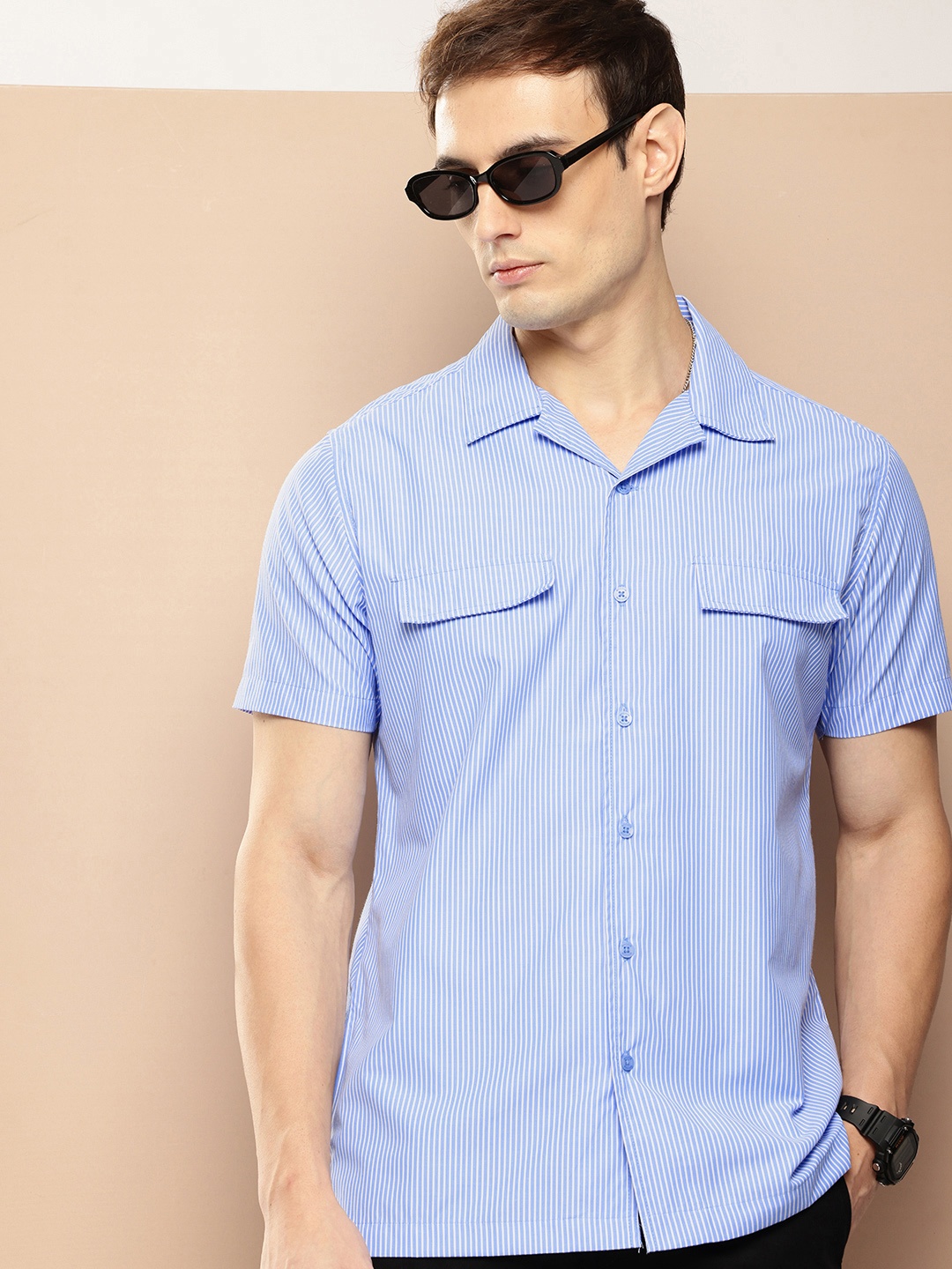 encore by INVICTUS Vertical Stripes Casual Shirt, Blue