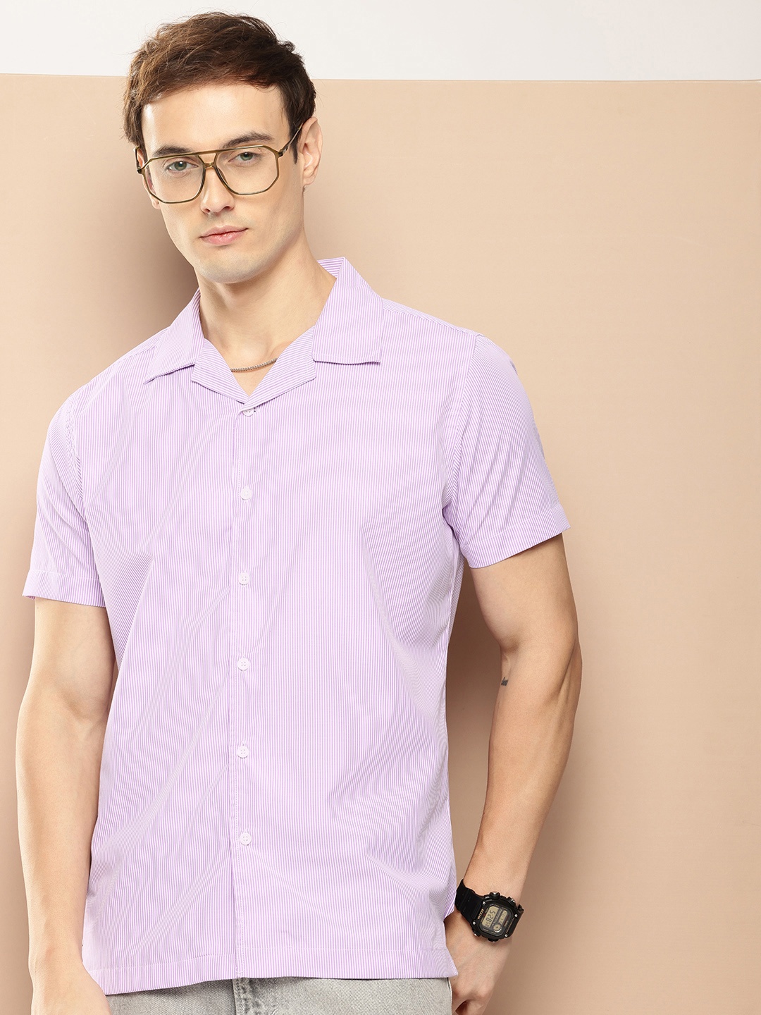 

encore by INVICTUS Opaque Striped Casual Shirt, Purple