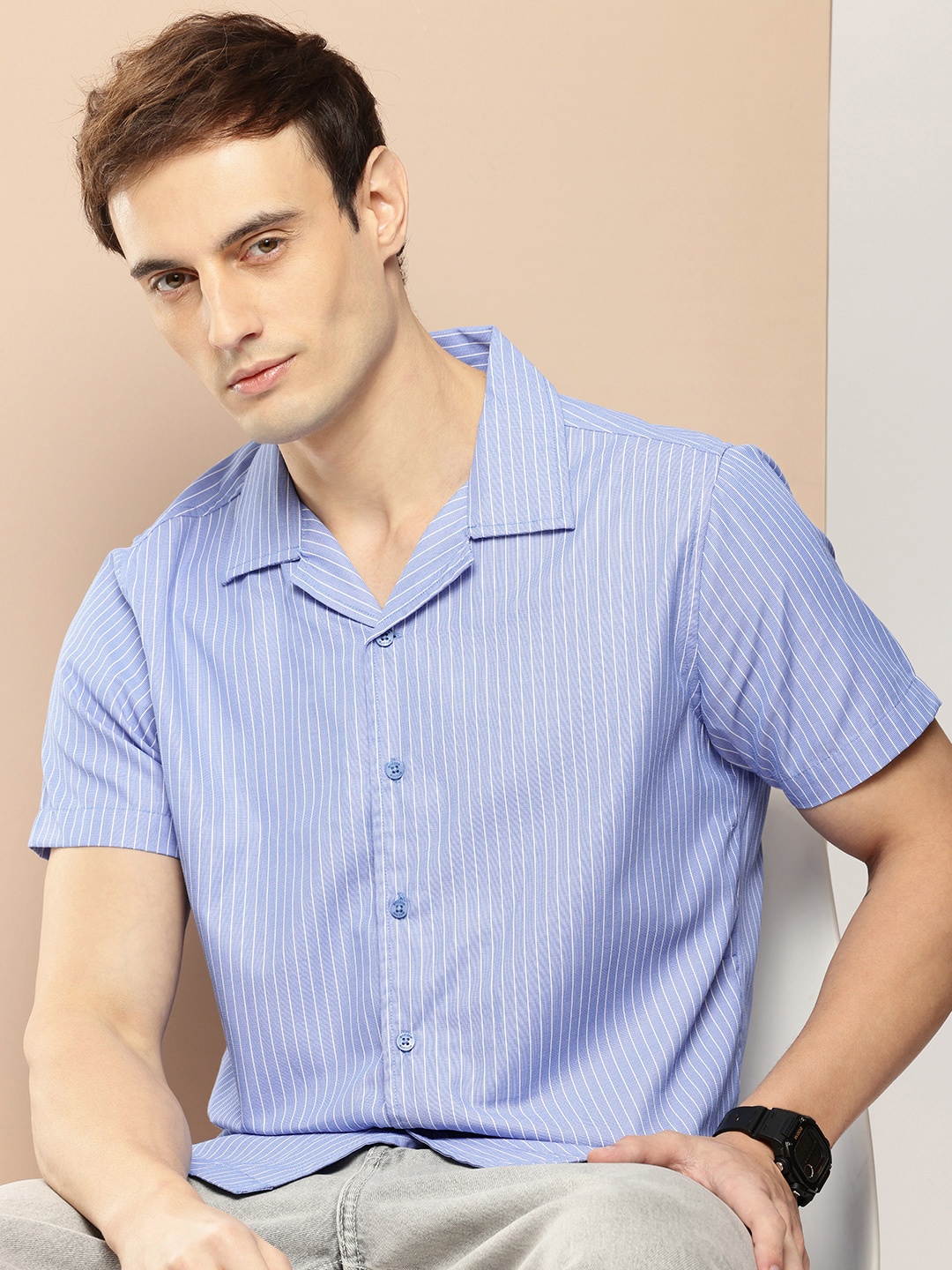 

encore by INVICTUS Opaque Striped Casual Shirt, Blue