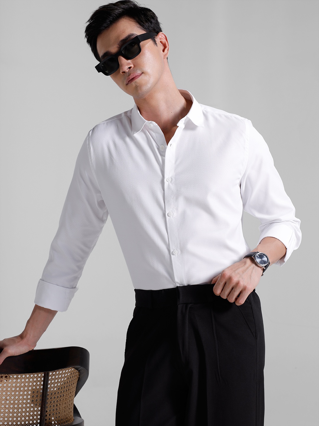 encore by INVICTUS Self Design Textured Opaque Casual Shirt, White