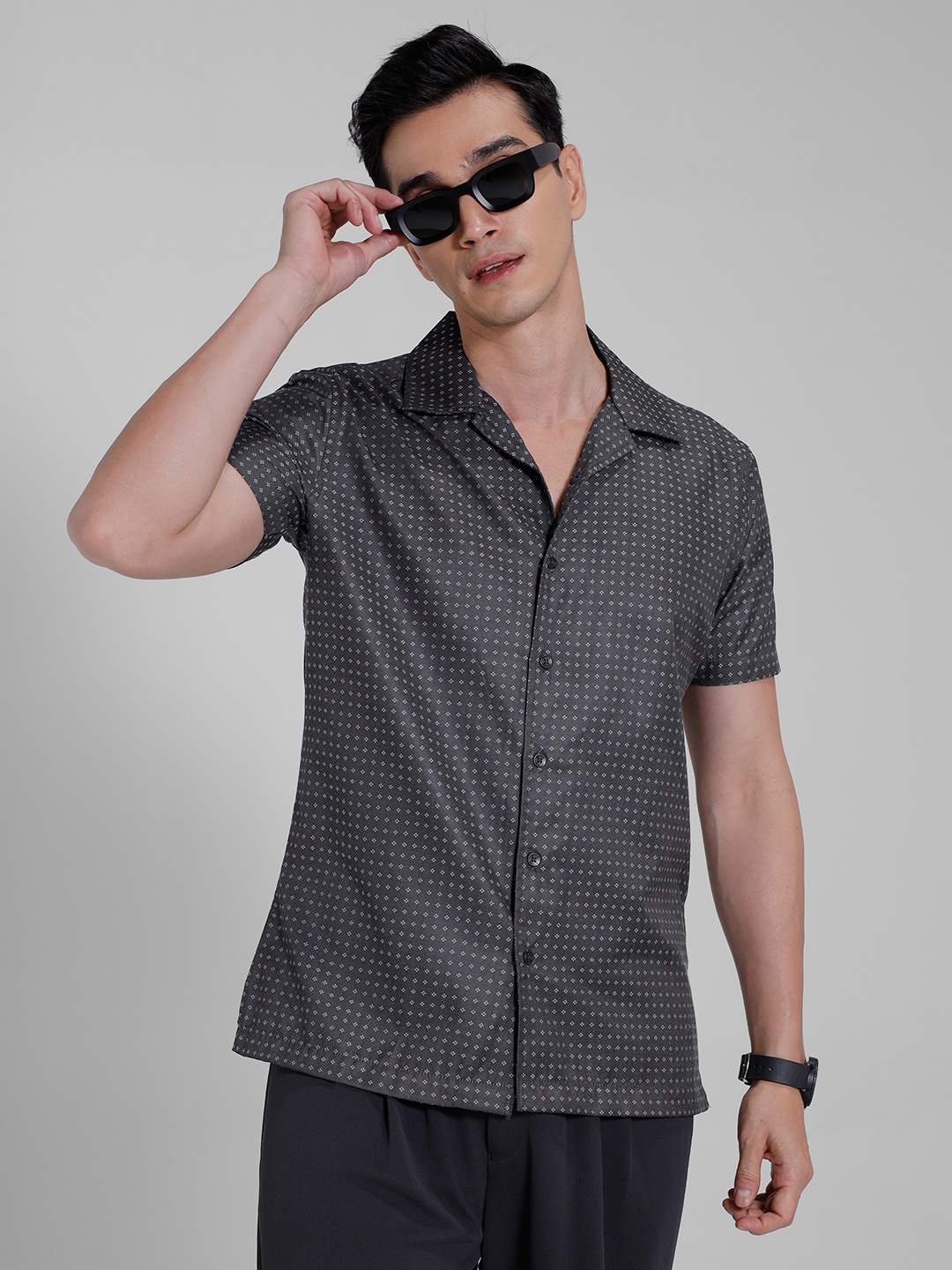 

encore by INVICTUS Opaque Geometric Printed Casual Shirt, Grey