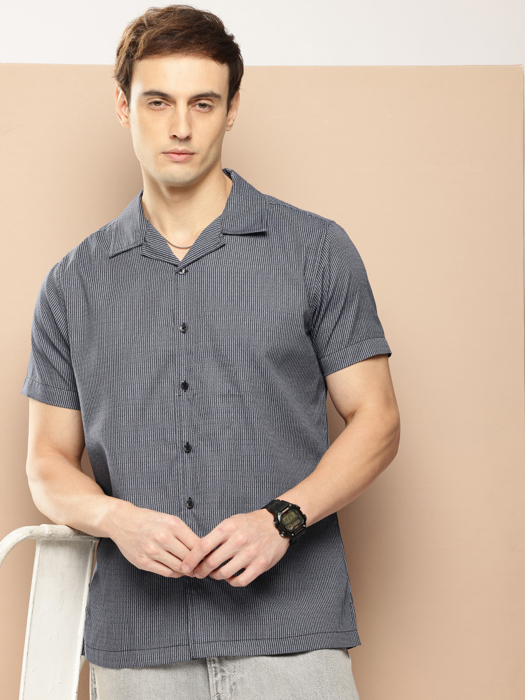 

encore by INVICTUS Opaque Striped Casual Shirt, Black