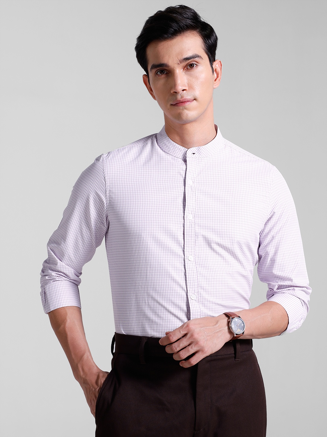 

encore by INVICTUS Checked Band Collar Casual Shirt, White
