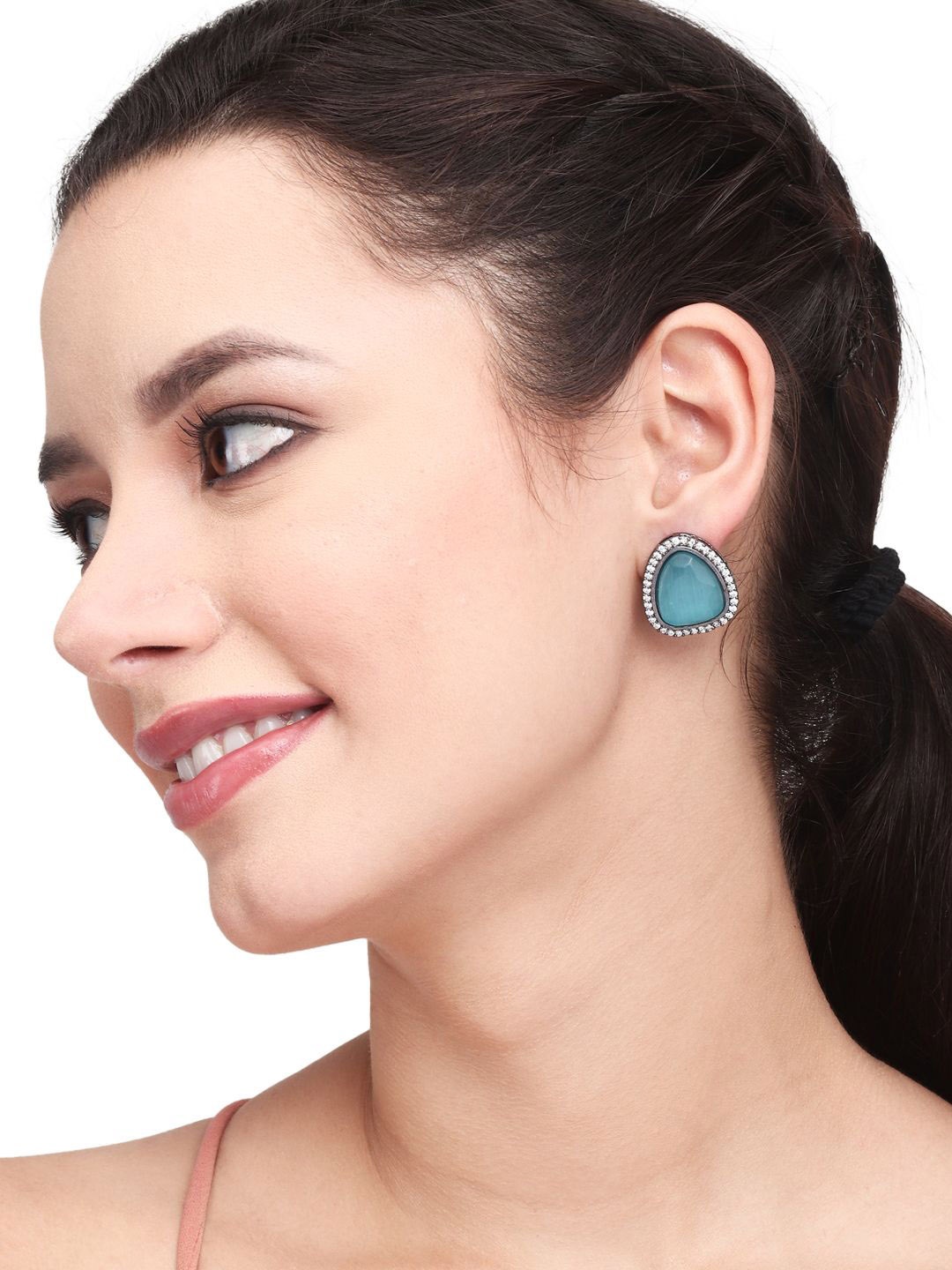 

Anvik Silver-Plated American Diamond Studded Contemporary Studs Earrings, Blue