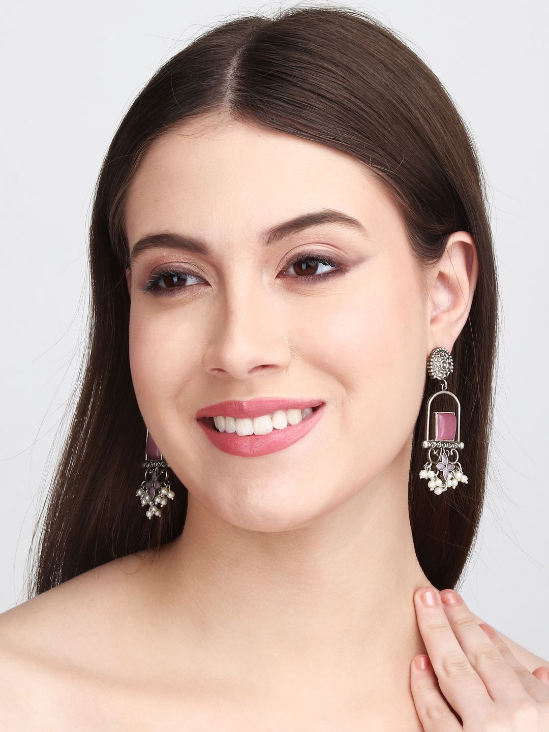 

Anvik Silver-Plated AD Stone Studded Contemporary Brass Drop Earrings