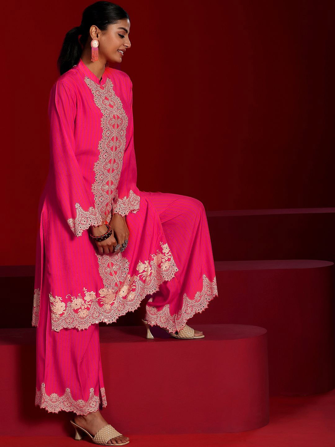 

Libas Art Ethnic Motifs Embroidered Mandarin Collar Mirror Work Kurta with Palazzos, Coral