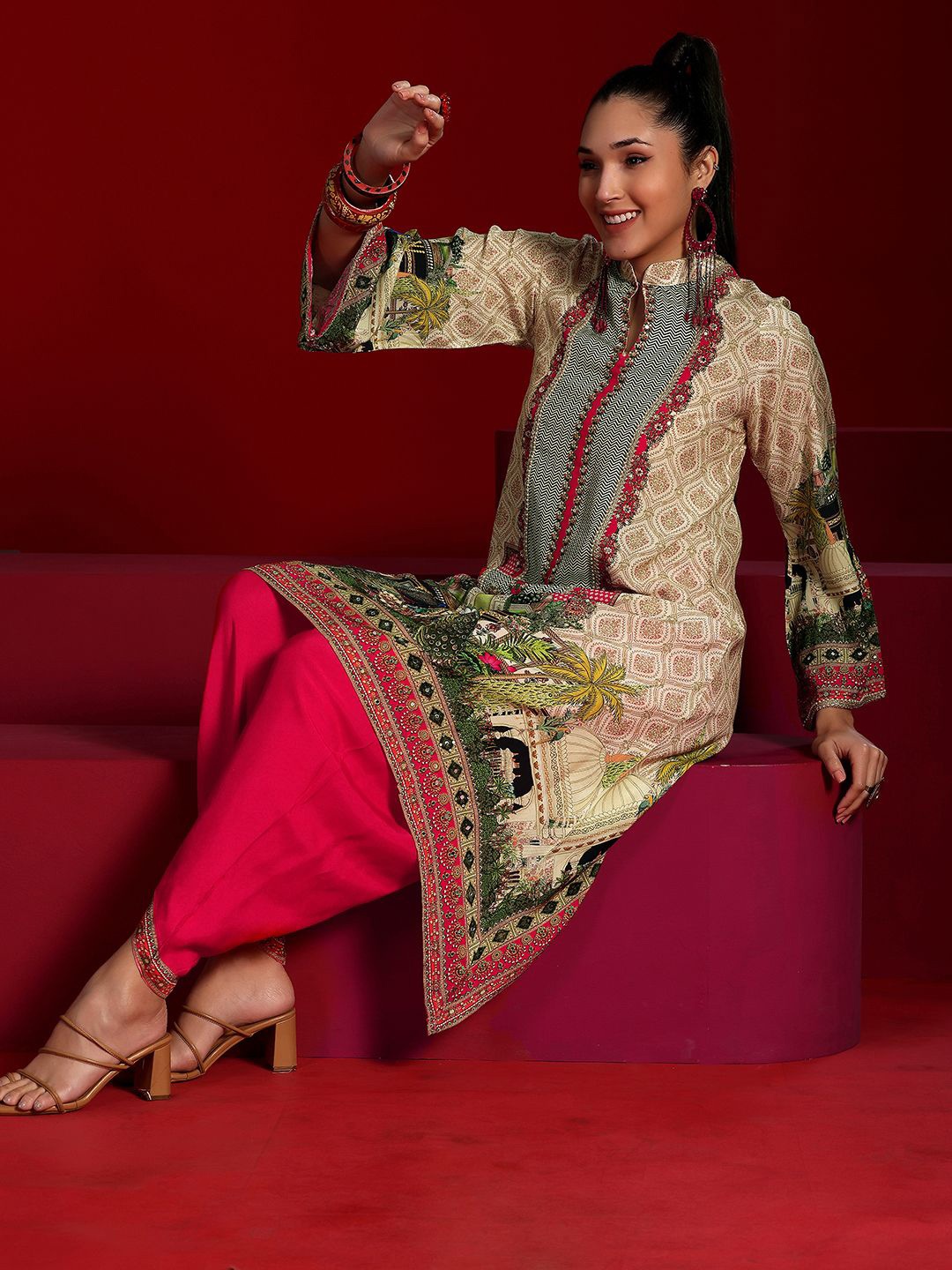 

Libas Art Ethnic Motifs Printed Mandarin Collar Tunic with Dhoti Pants, Beige