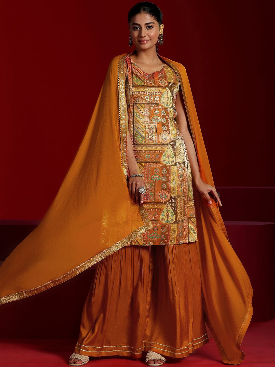 

Libas Art Ethnic Motifs Beads and Stones Kurta with Sharara & Dupatta, Orange