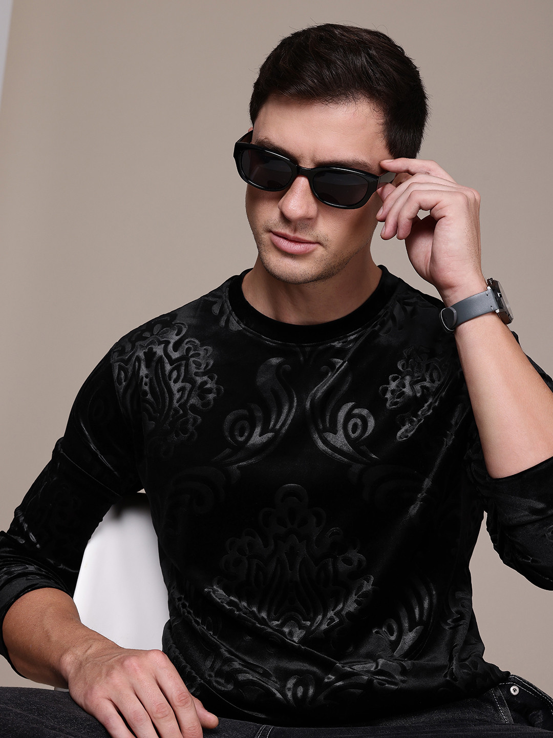

FCUK Self Design Velvet Finish Sweatshirt, Black
