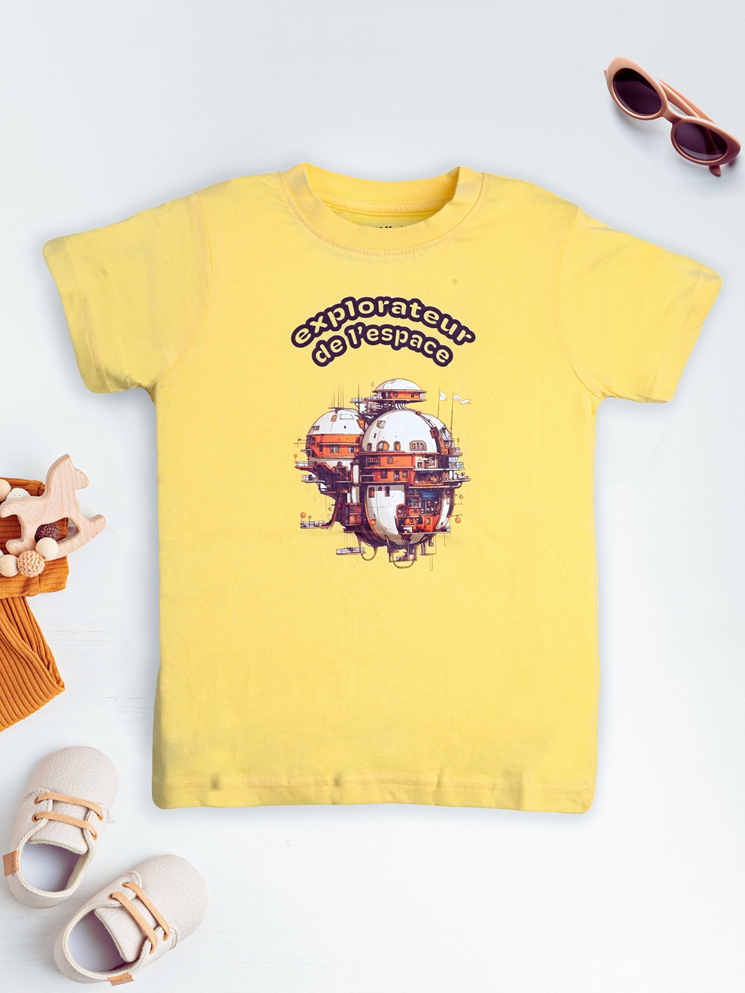 

allorio kids Boys Graphic Printed Round Neck Pure Cotton T-Shirt, Yellow