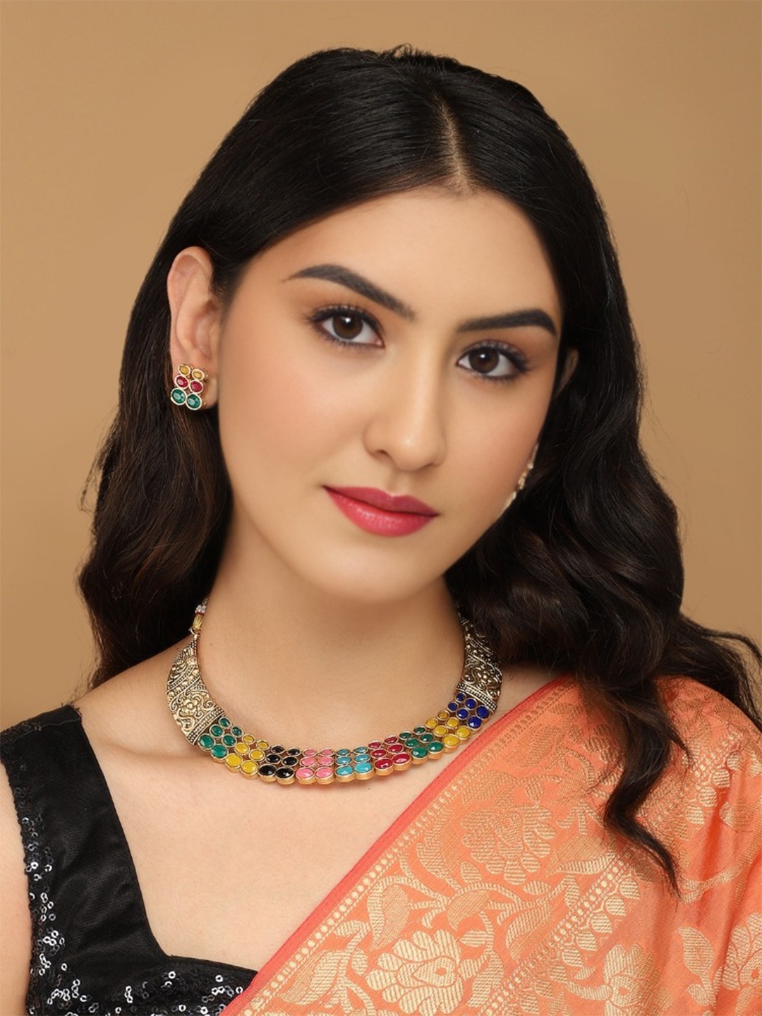 

MANSIYAORANGE Gold-Plated Stone Studded Jewellery Set