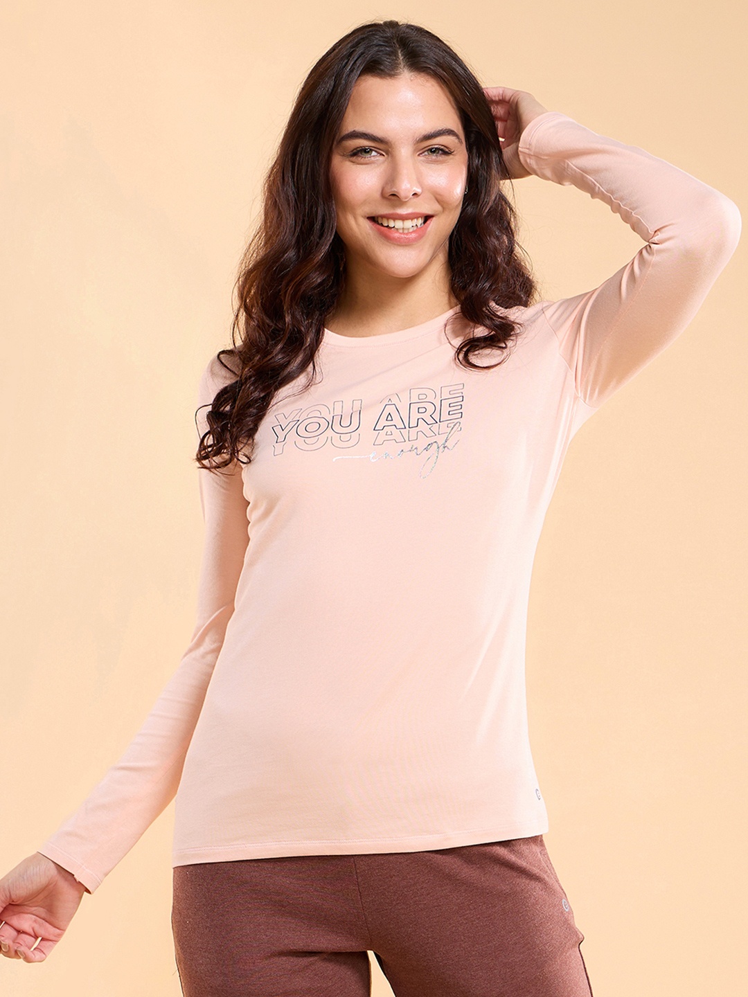 

Enamor E157 Graphic Printed Basic Stretchable Cotton T-shirt, Peach