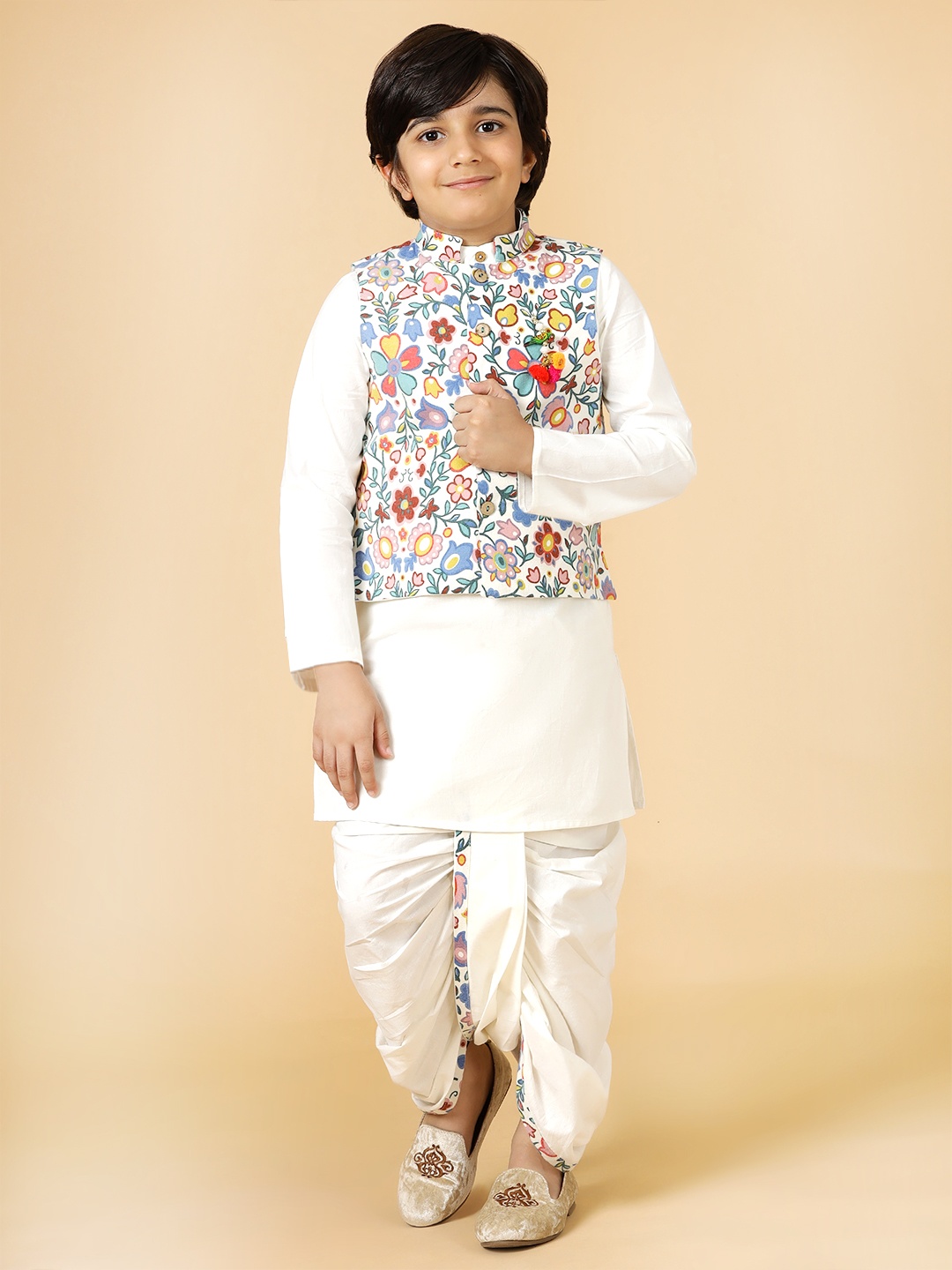 

A.T.U.N. Boys Mandarin Collar Pure Cotton Straight Kurta with Dhoti Pants & Nehru Jacket, Cream