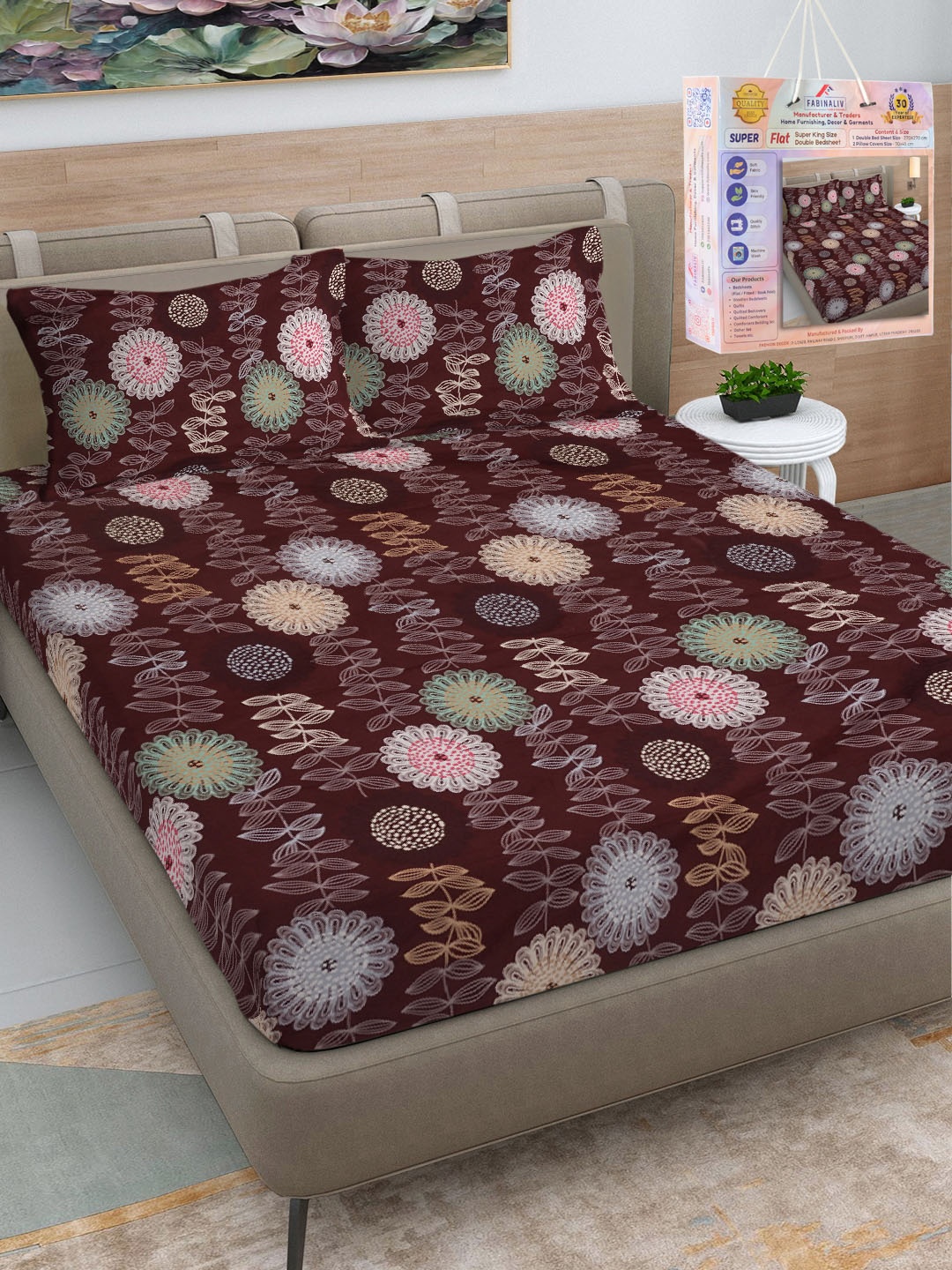 

FABINALIV Brown & Green Floral 300 TC King Double Bedsheet with 2 Pillow Covers