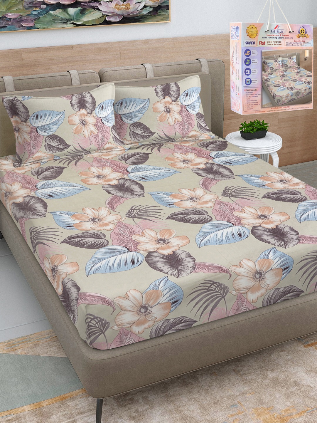 

FABINALIV Grey & Blue Floral 300 TC King Double Bedsheet with 2 Pillow Covers