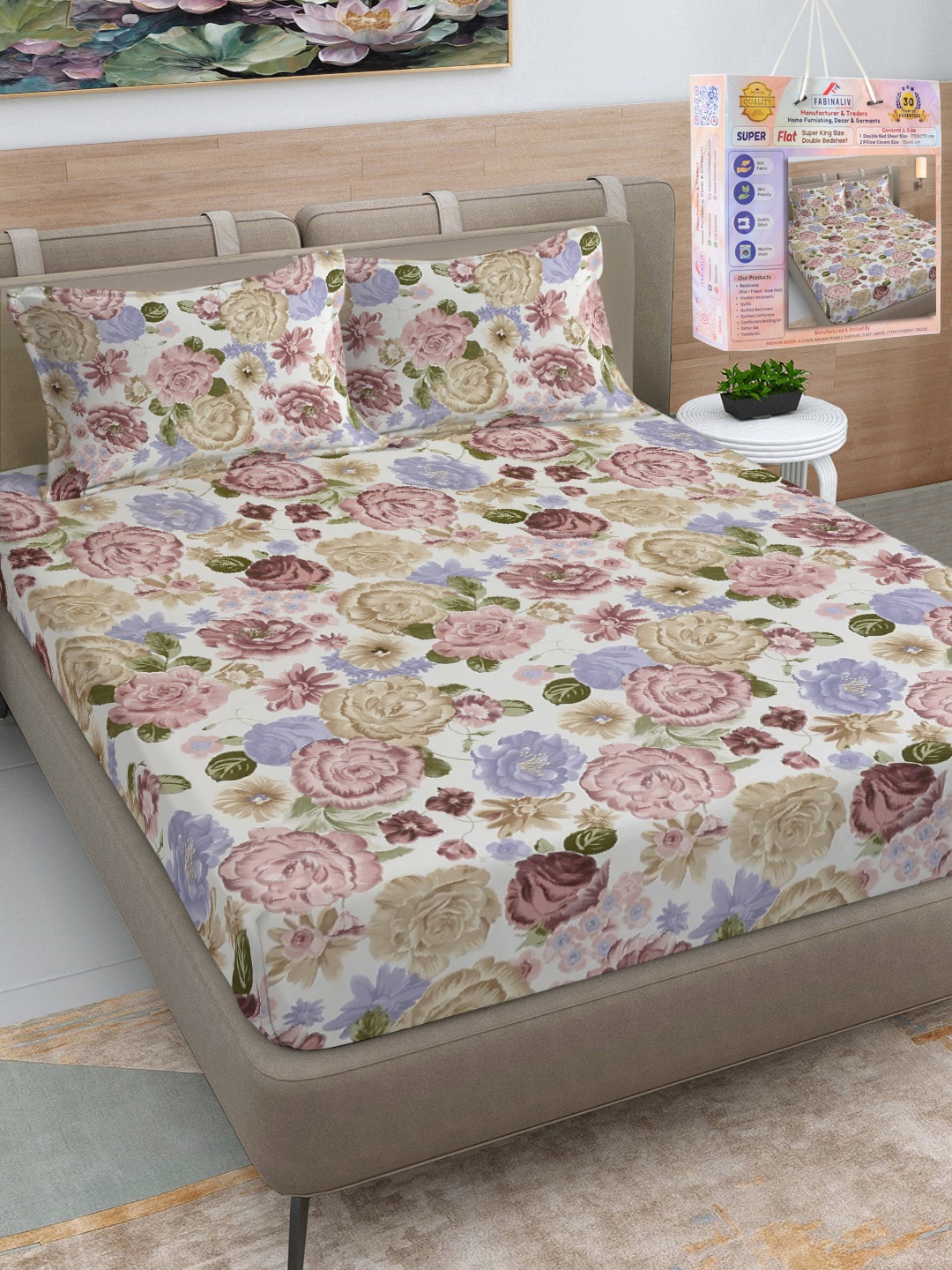 

FABINALIV White & Pink Floral 300 TC King Bedsheet with 2 Pillow Covers