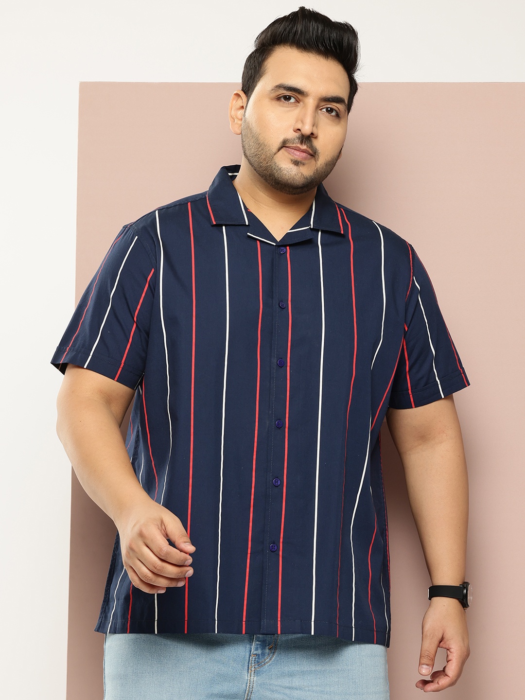 

Sztori Men Standard Opaque Striped Pure Cotton Casual Shirt, Navy blue