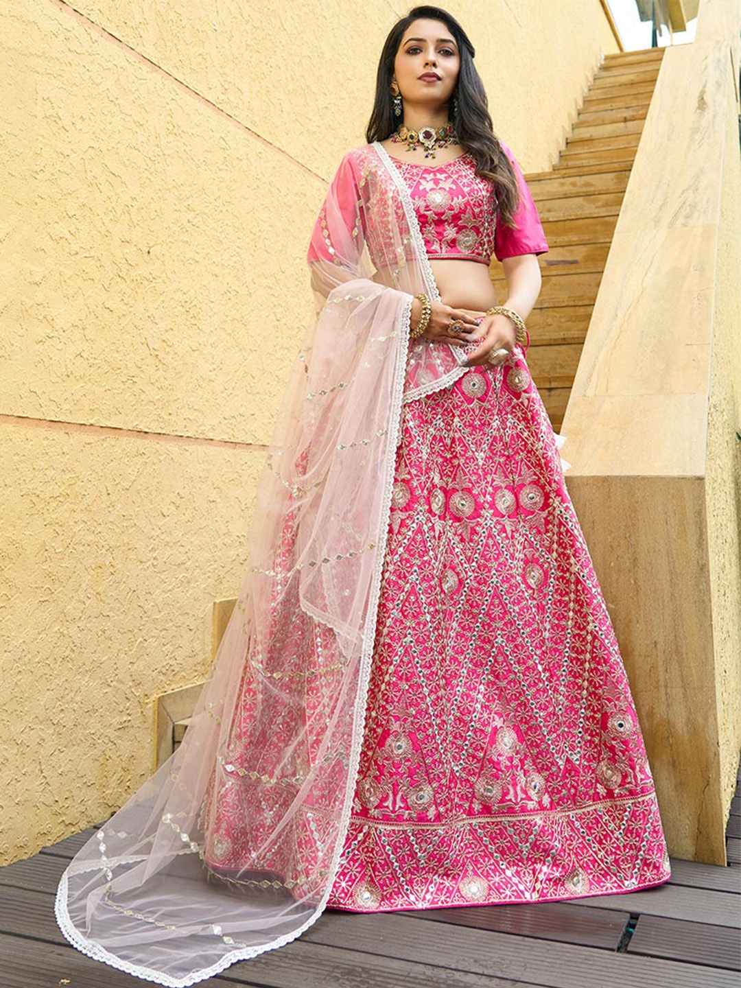 

Trendmalls Embroidered Mirror Work Semi-Stitched Lehenga & Unstitched Blouse With Dupatta, Pink
