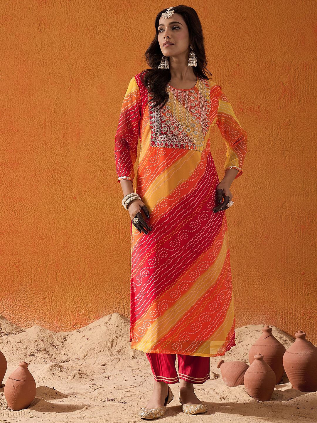 

Indo Era Red Bandhani Printed Thread Work Georgette Straight Kurta