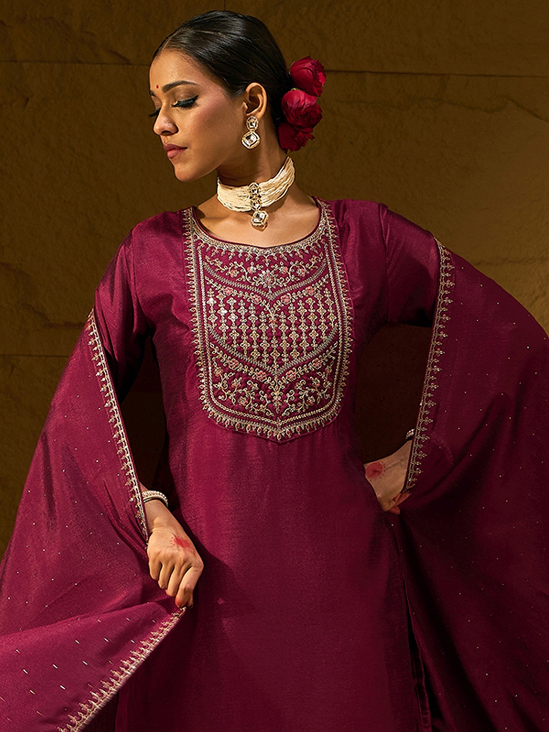 

Indo Era Ethnic Motifs Embroidered Sequinned Straight Kurta with Trousers & With Dupatta, Maroon