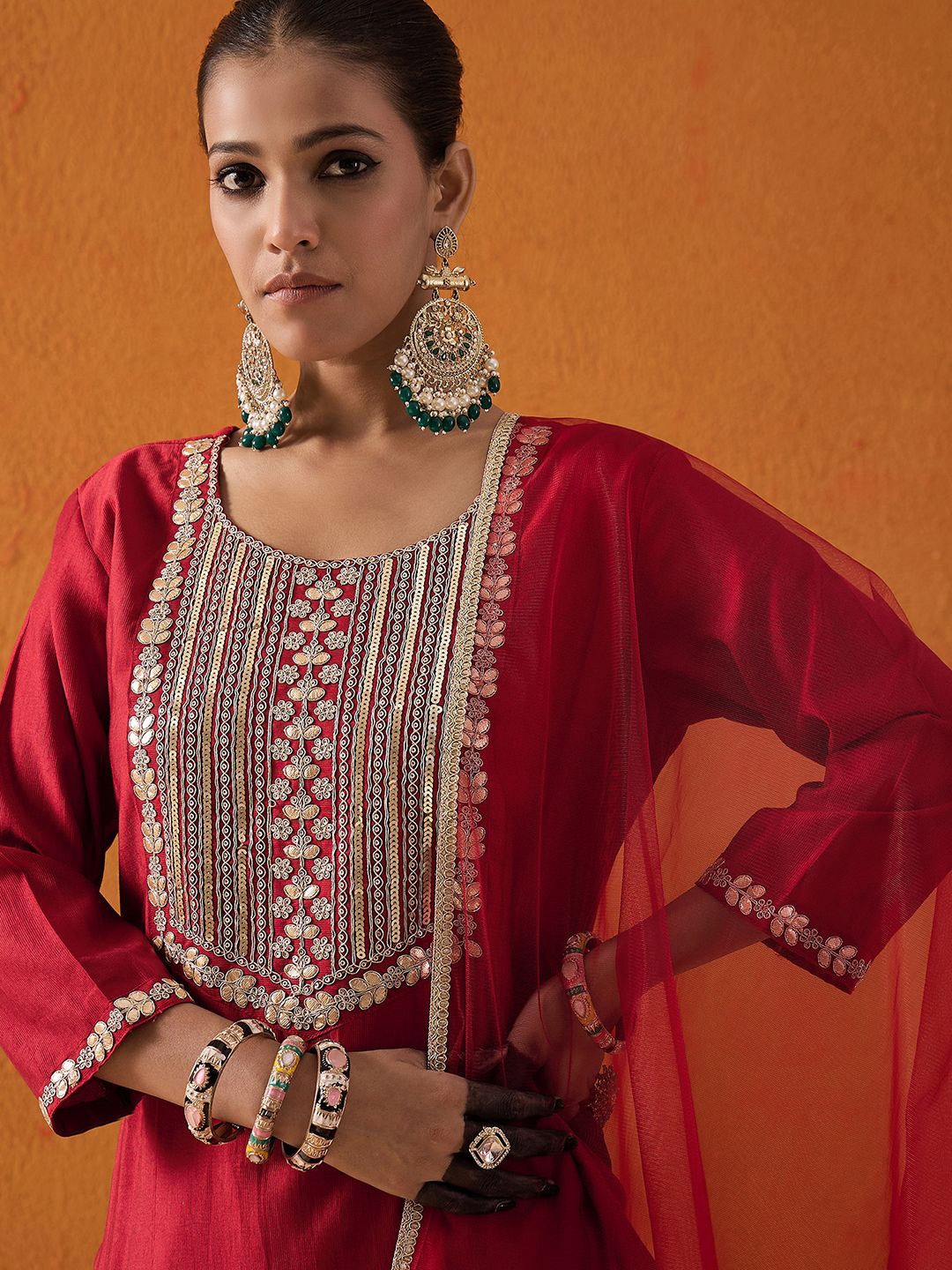 

Indo Era Ethnic Motifs Embroidered Gotta Patti Liva Straight Kurta with Trousers & Dupatta, Red