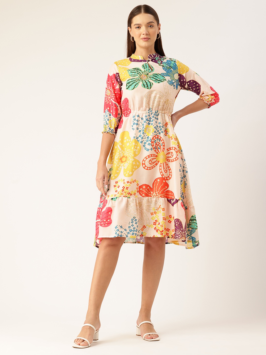 

FERANOID Floral Printed Pure Cotton Fit & Flare Dress, Multi