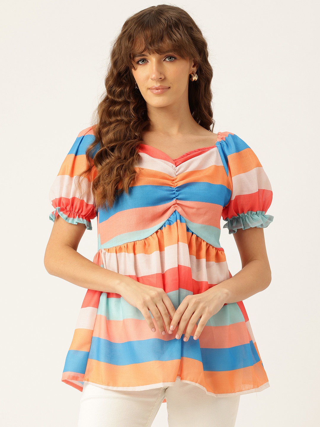 

FERANOID Striped Sweetheart Neck Puff Sleeve Linen Blouson Top, Multi