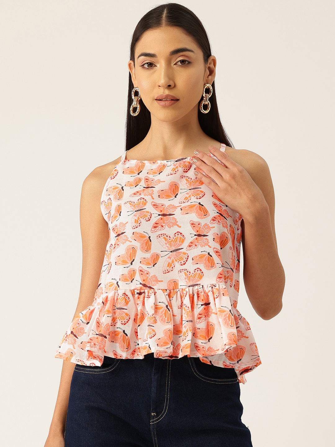 

FERANOID Print Ruffles Linen Peplum Top, White