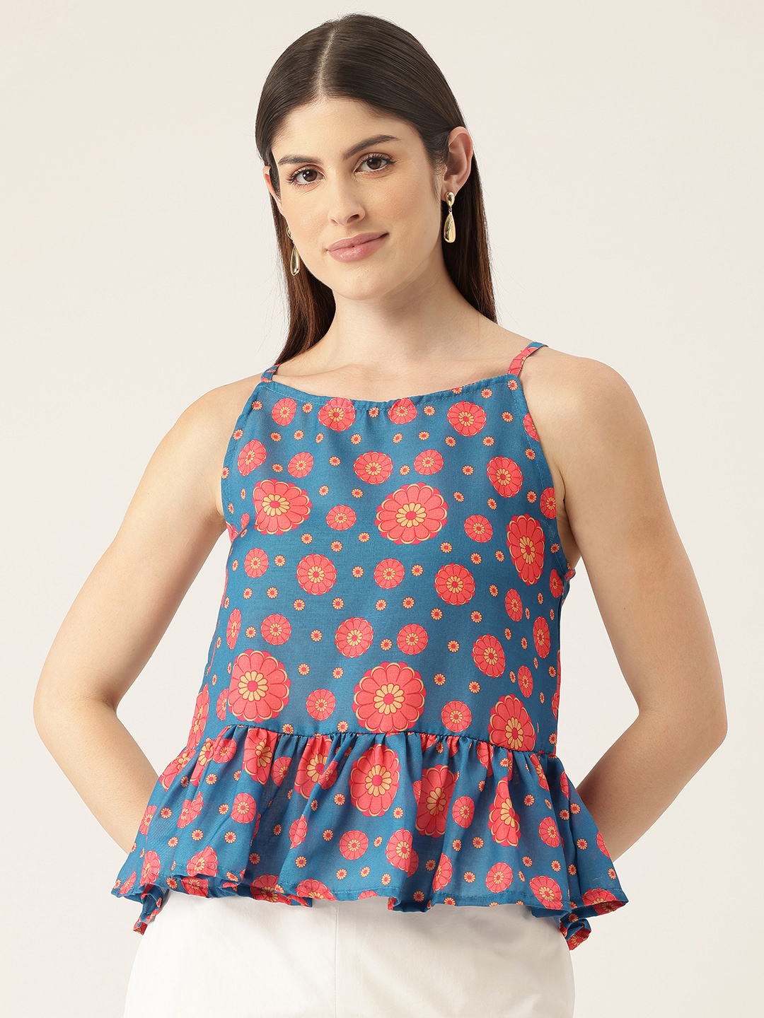 

FERANOID Floral Print Ruffles Linen Peplum Top, Blue