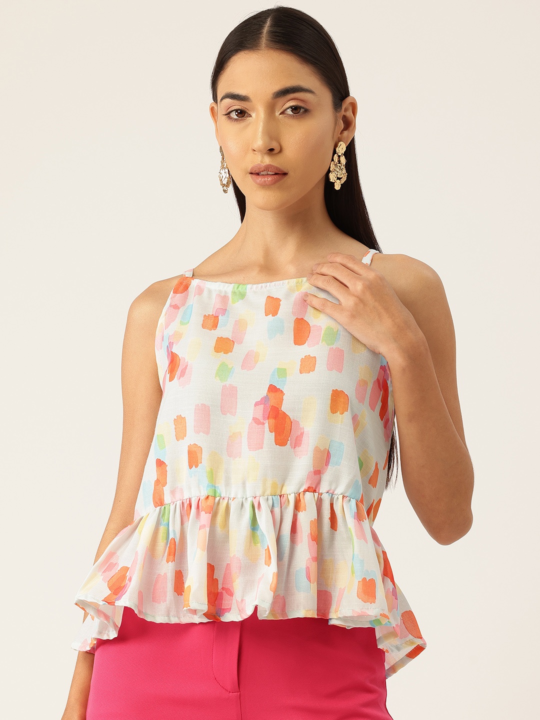 

FERANOID Print Ruffles Linen Peplum Top, White