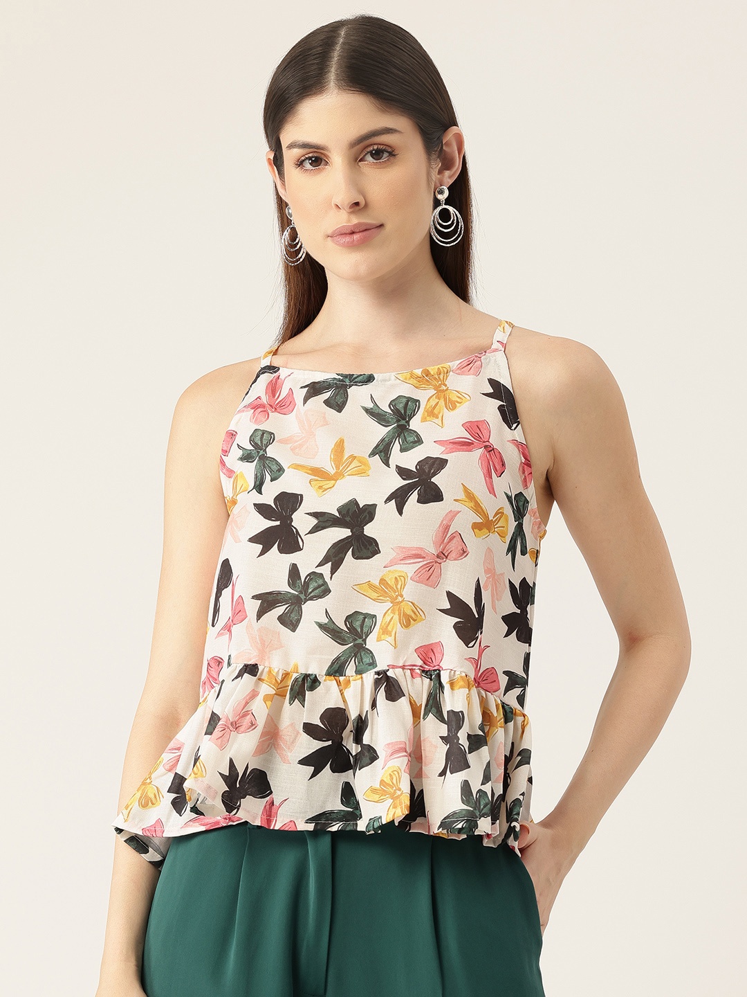 

FERANOID Print Ruffles Linen Peplum Top, White