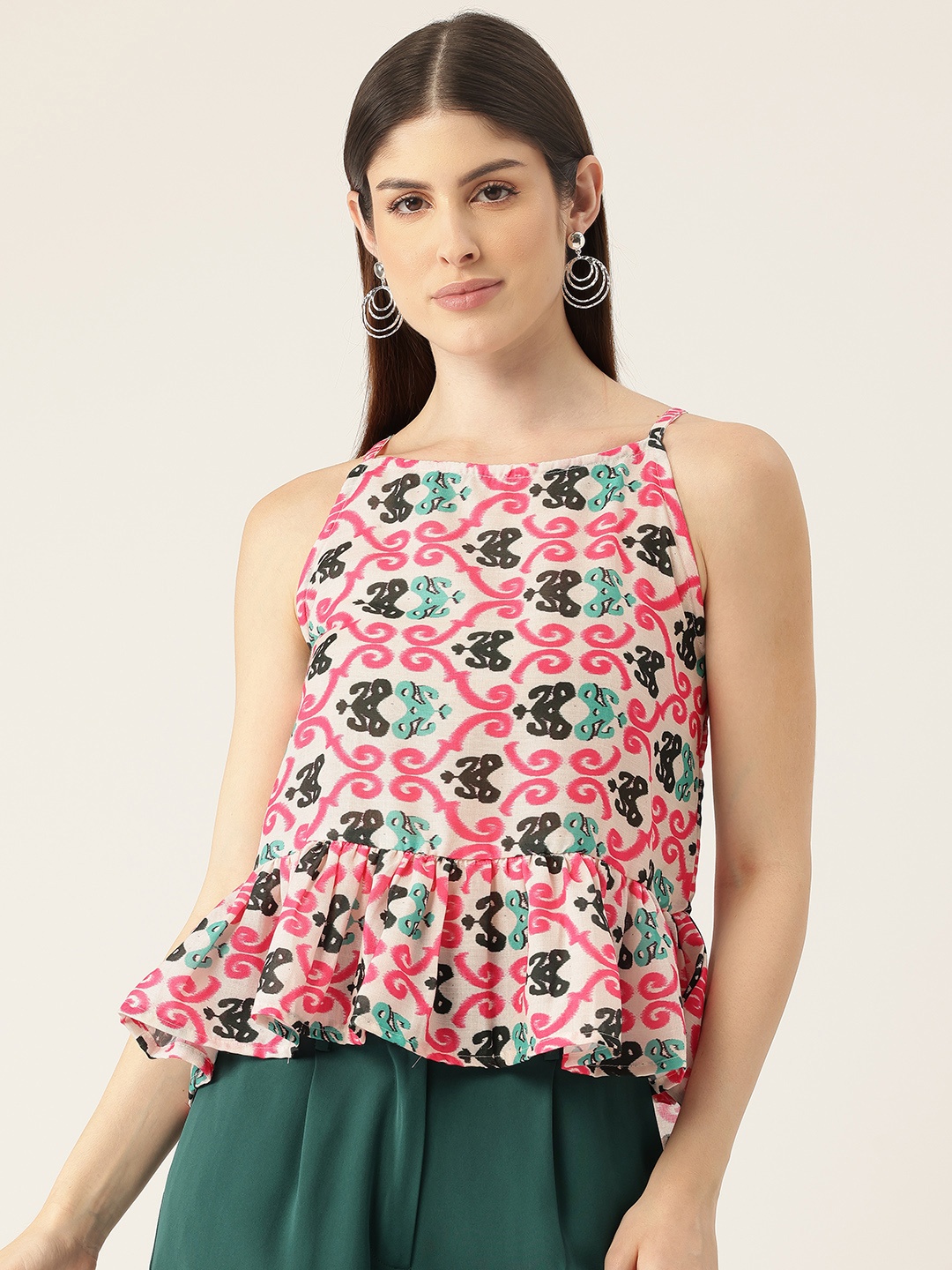 

FERANOID Ethnic Print Ruffles Linen Peplum Top, White