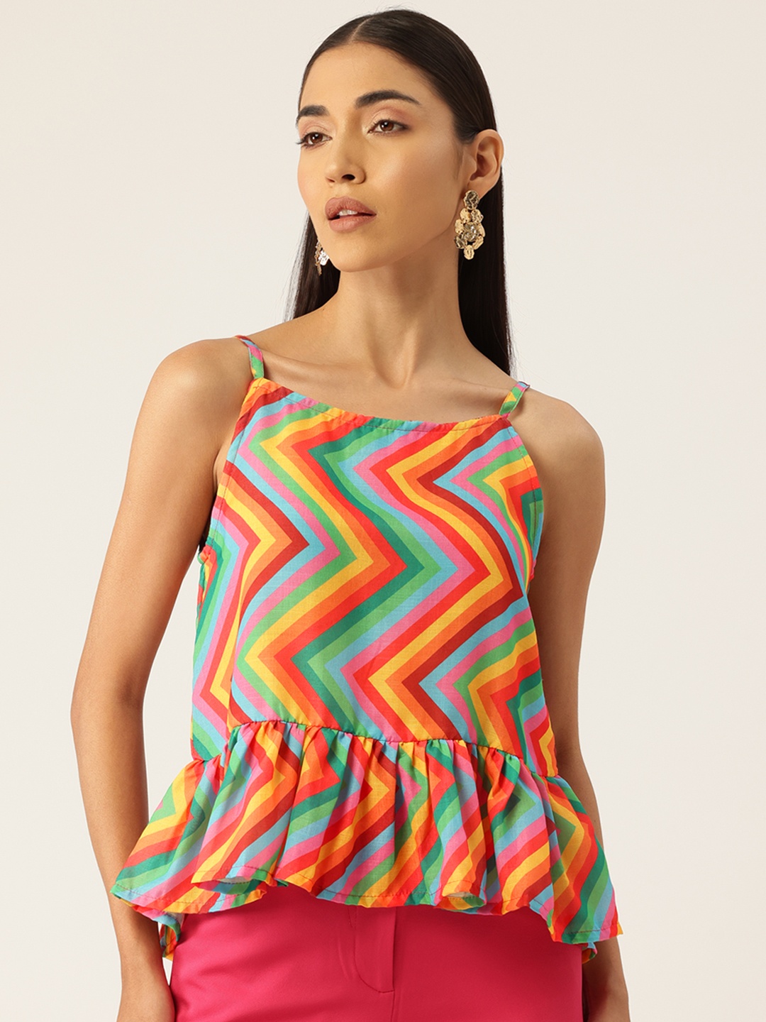 

FERANOID Chevron Striped Linen Peplum Top, Multi