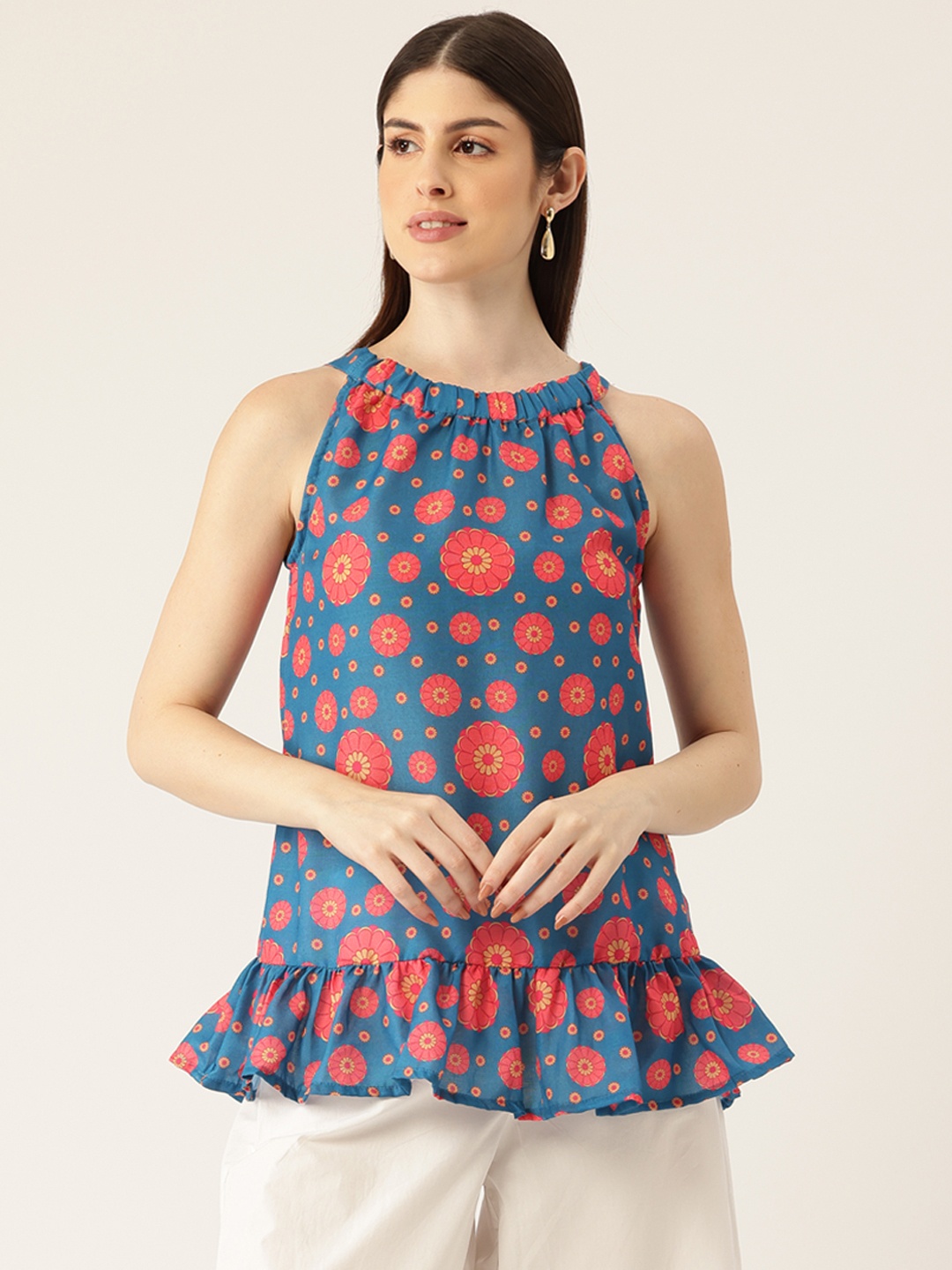 

FERANOID Floral Print Halter Neck Linen Peplum Top, Blue