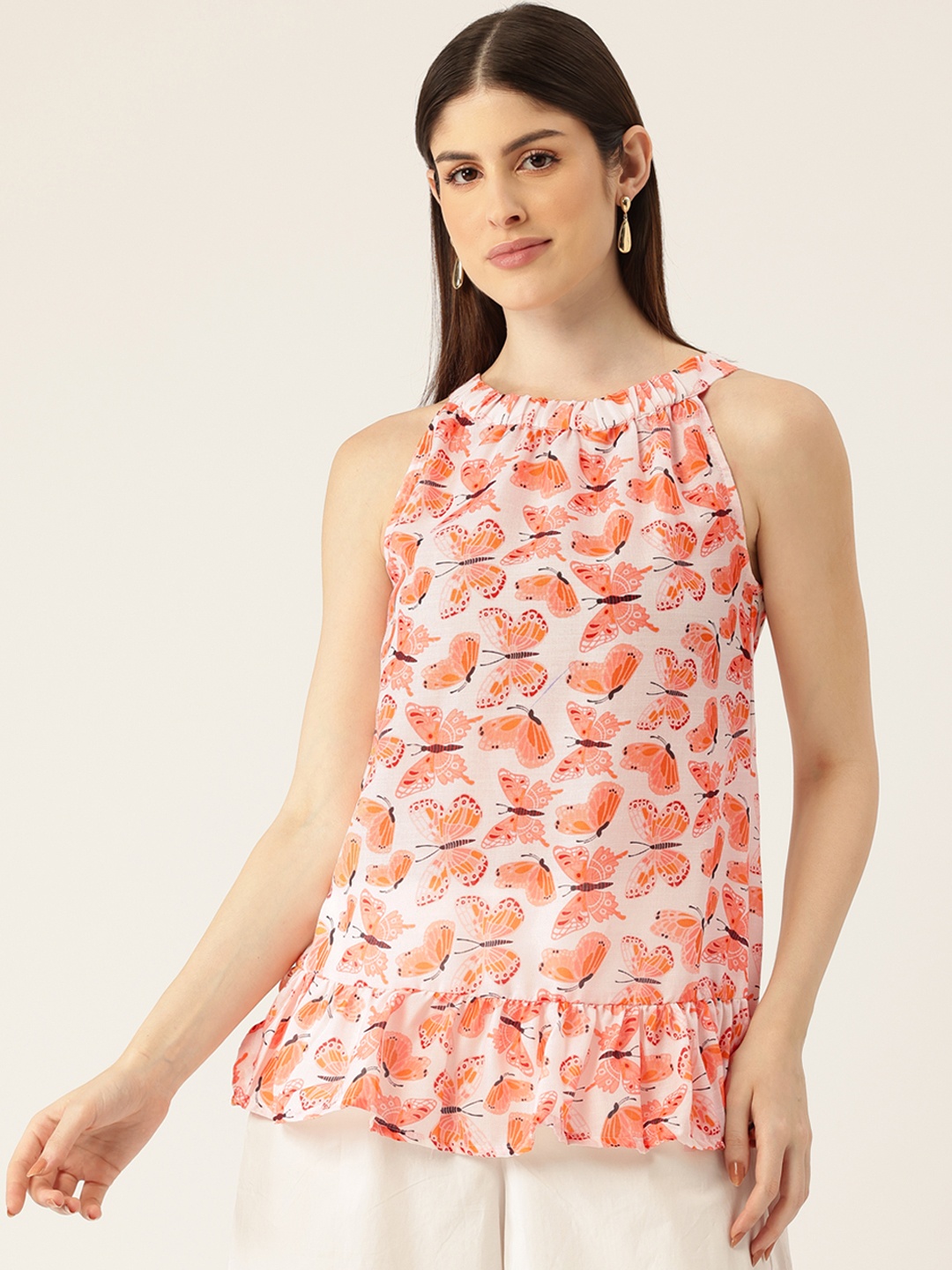 

FERANOID Print Halter Neck Linen Peplum Top, Orange