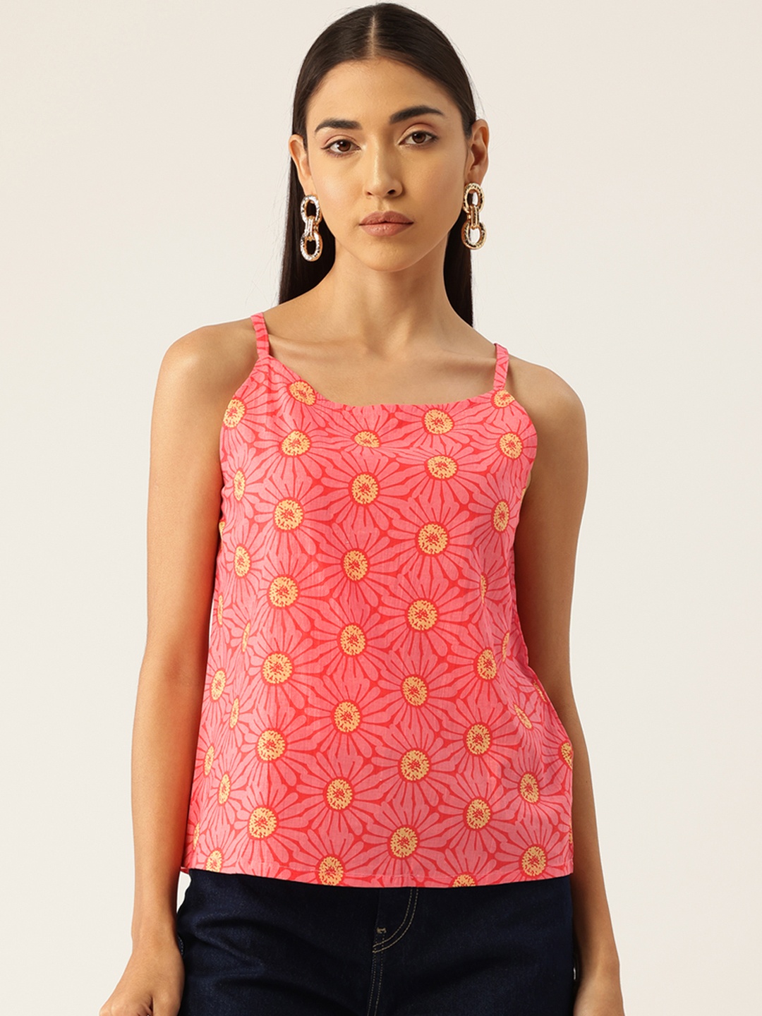 

FERANOID Floral Printed Regular Linen Top, Pink