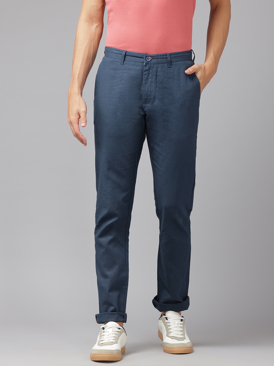 

Blackberrys Men Linen Cotton Slim Fit Trousers, Navy blue