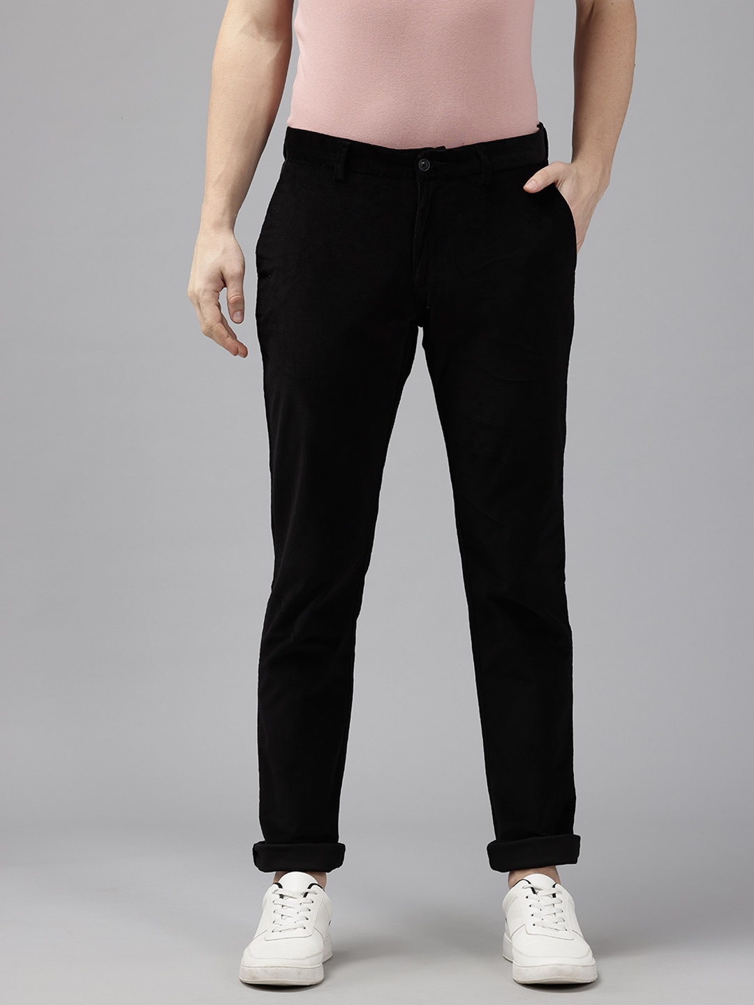 

Blackberrys Men Skinny Fit Low-Rise Corduroy Finish Chinos Trousers, Black