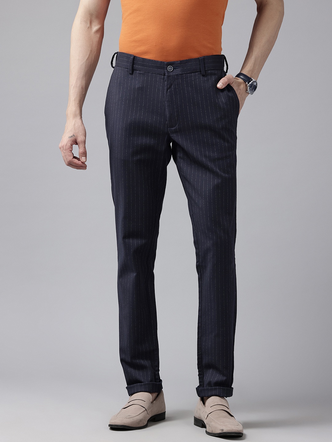 

Blackberrys Men Striped Skinny Fit Trousers, Navy blue