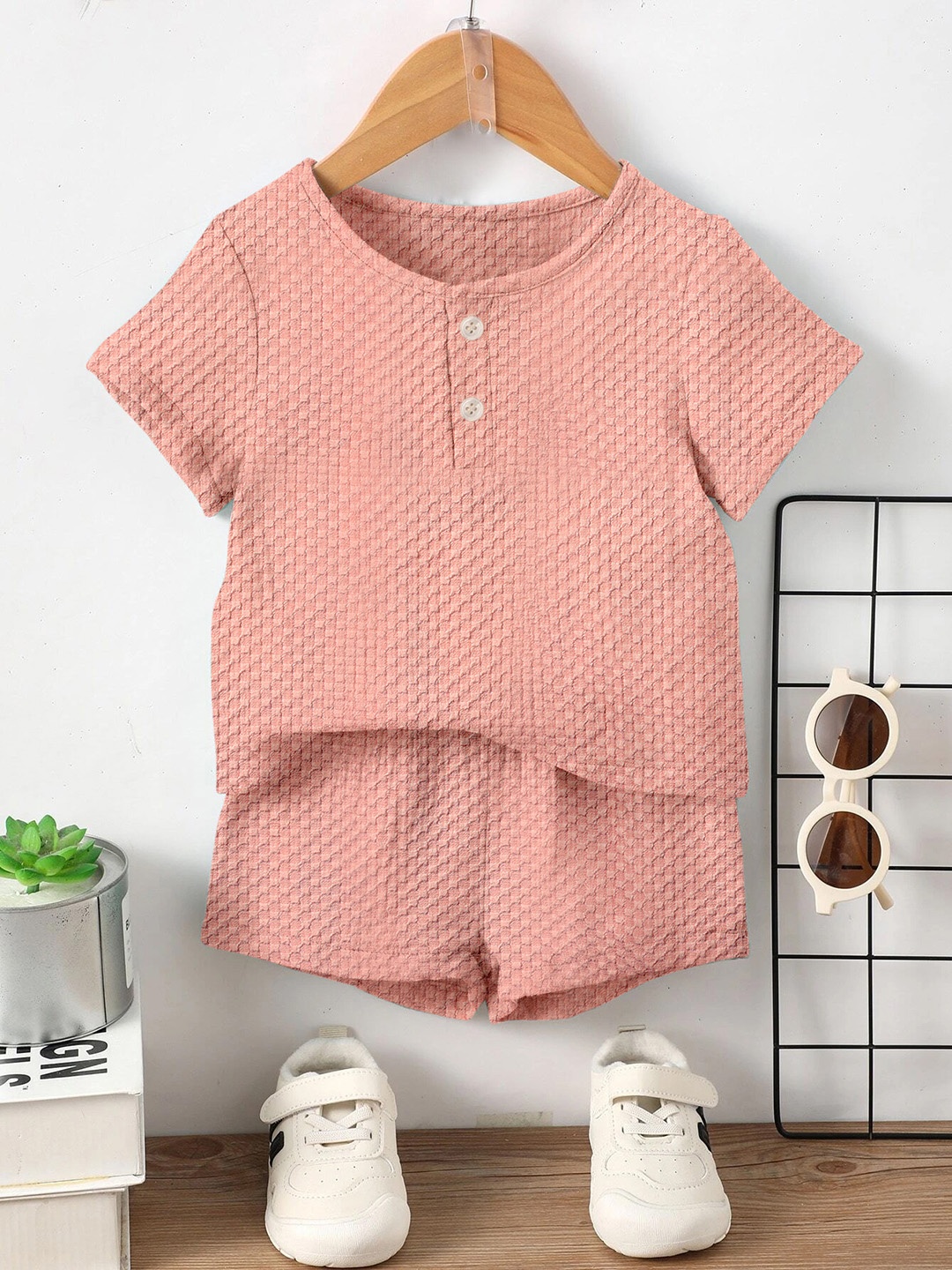 

OMPAX Boys Self Design Round Neck T-shirt with Shorts, Peach