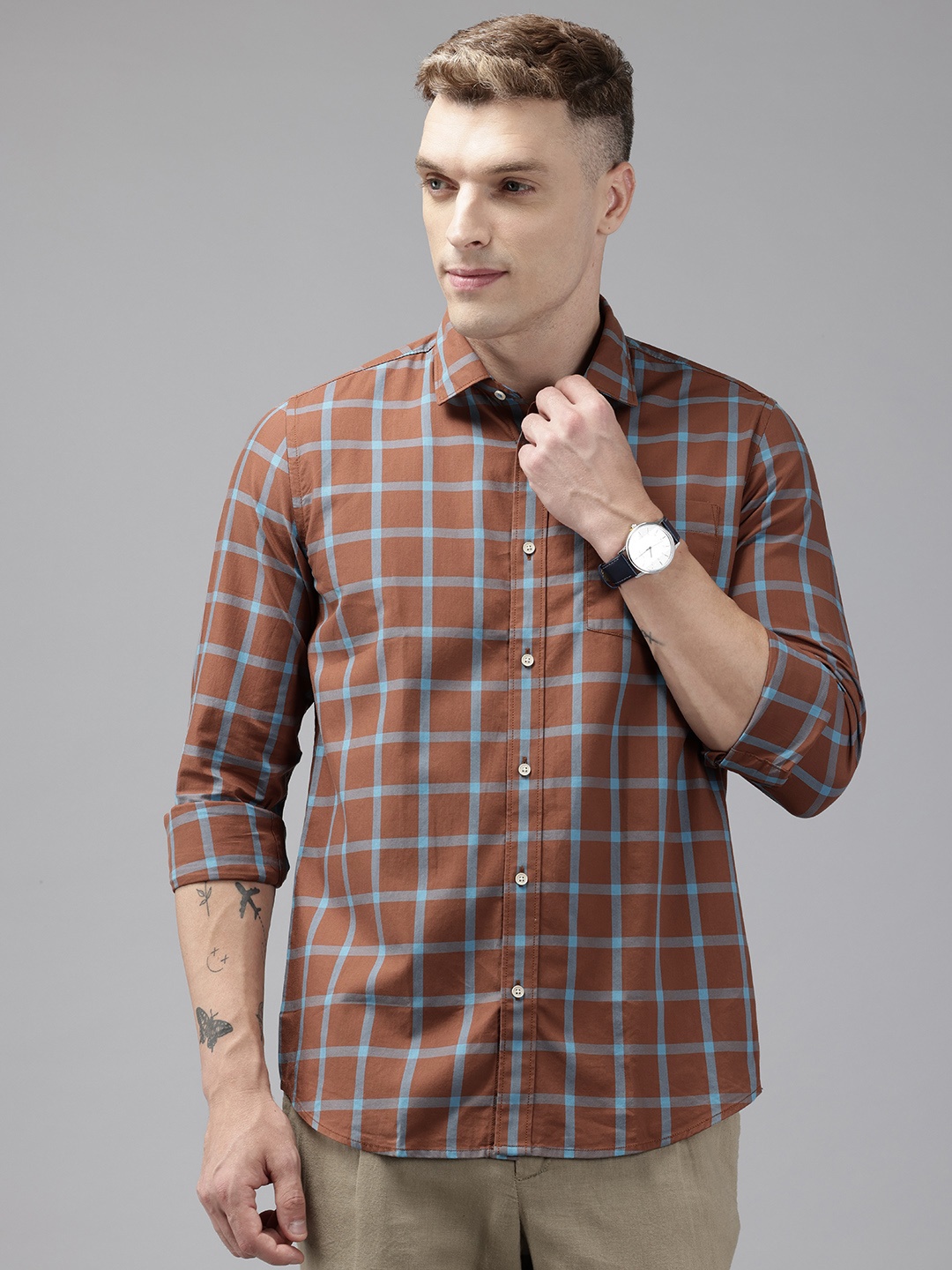 

Blackberrys Men Slim Fit Pure Cotton Checked Casual Shirt, Brown