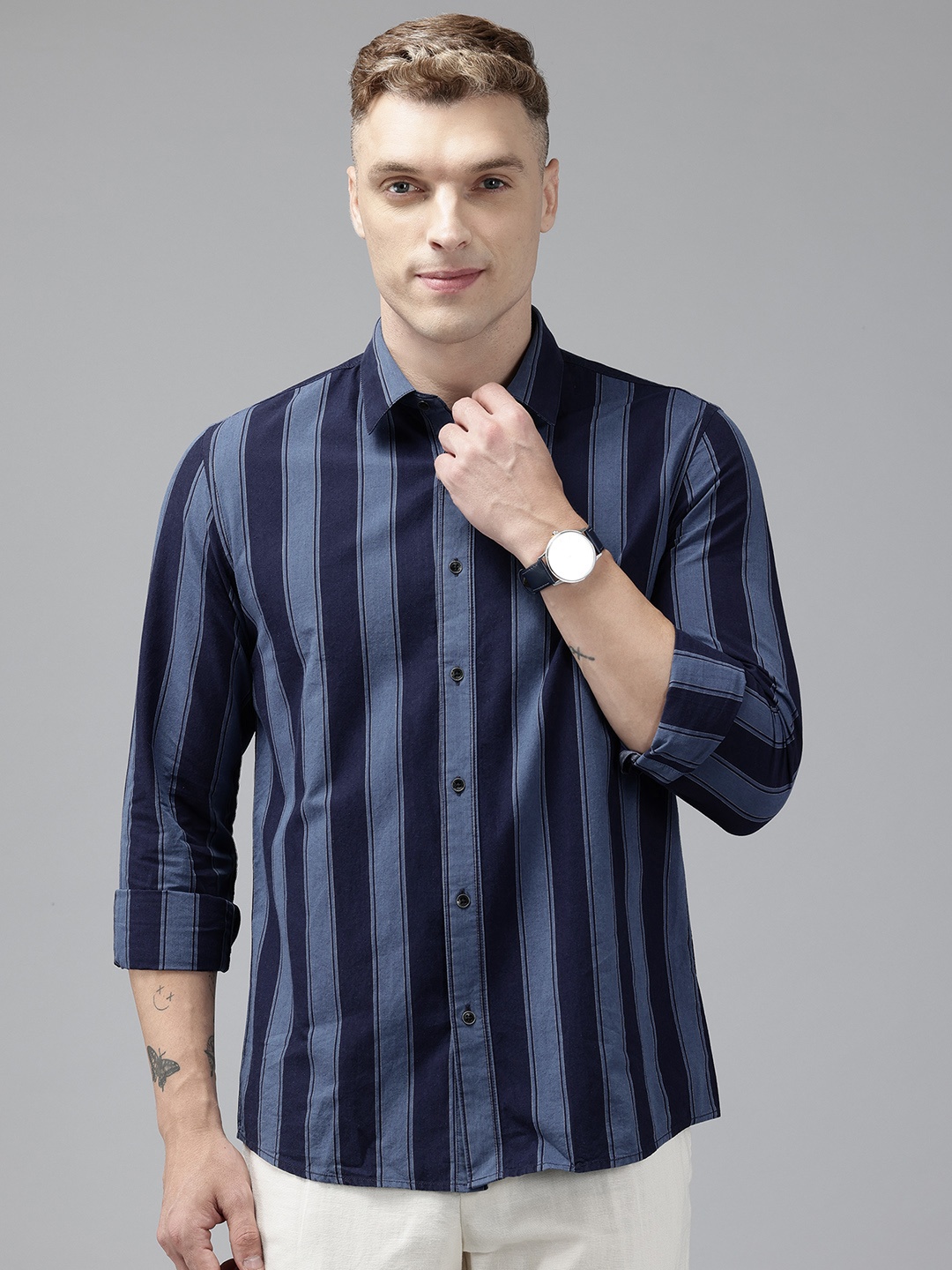 

Blackberrys Men Slim Fit Cotton Striped Casual Shirt, Blue