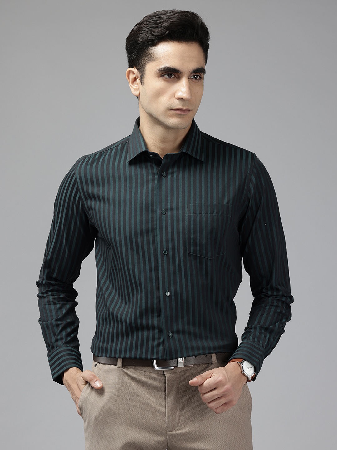 

Blackberrys India Slim Fit Striped Formal Cotton Shirt, Green