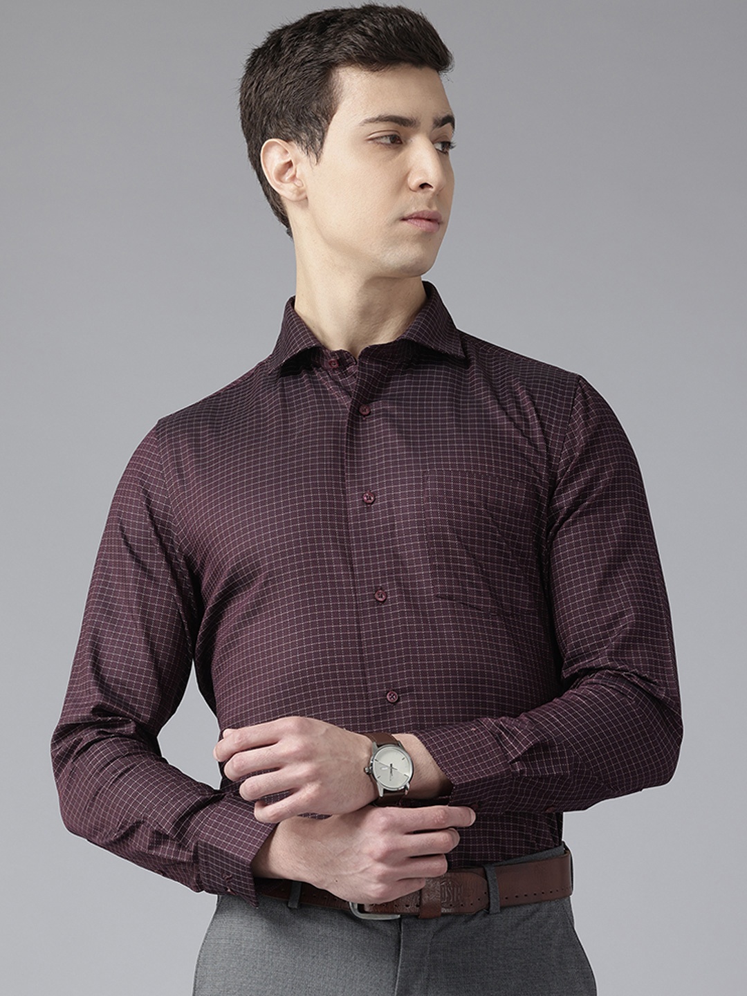 

Blackberrys India Slim Fit Checked Pure Cotton Formal Shirt, Burgundy