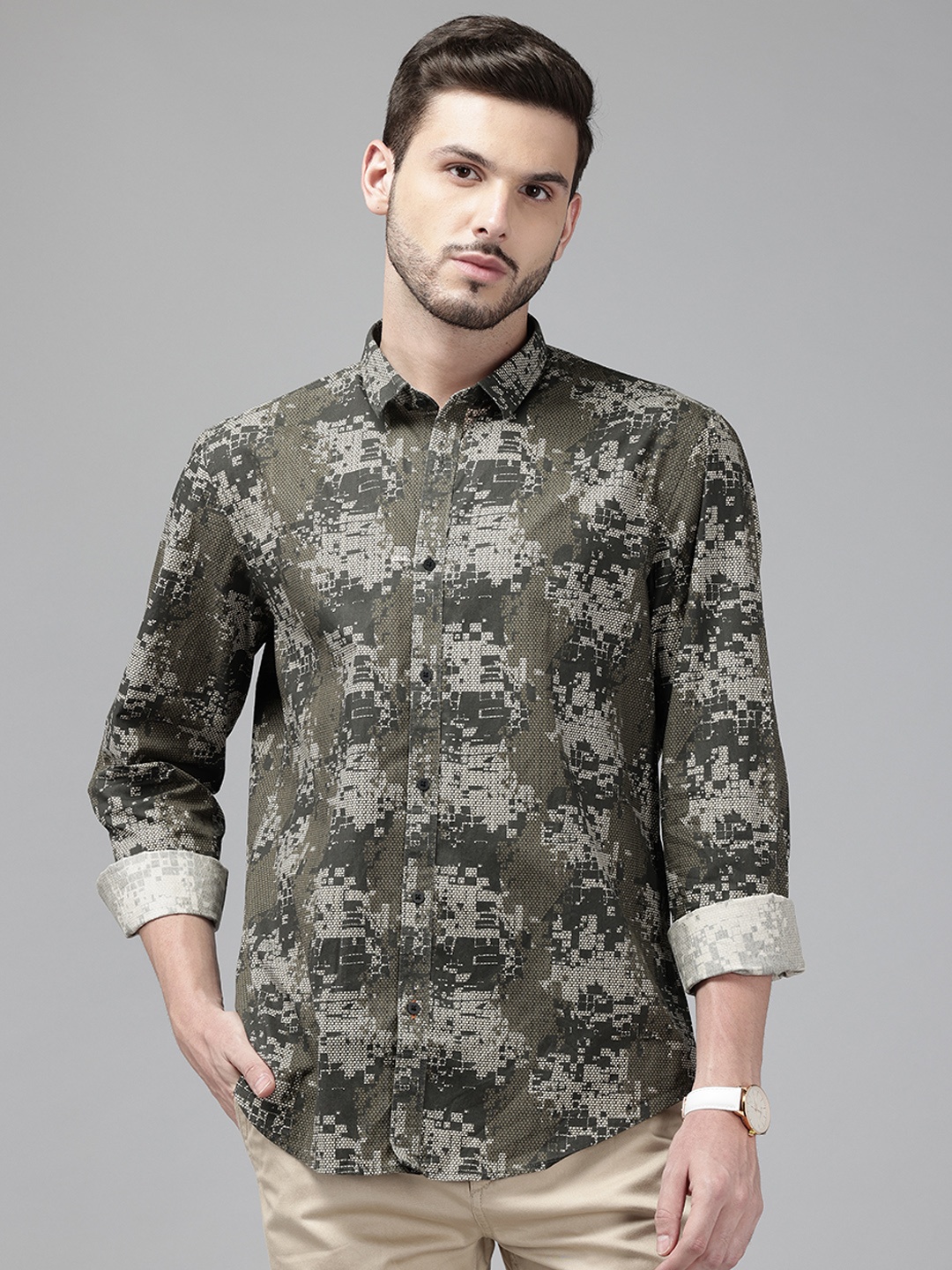 

Blackberrys Printed India Slim Fit Pure Cotton Shirt, Olive